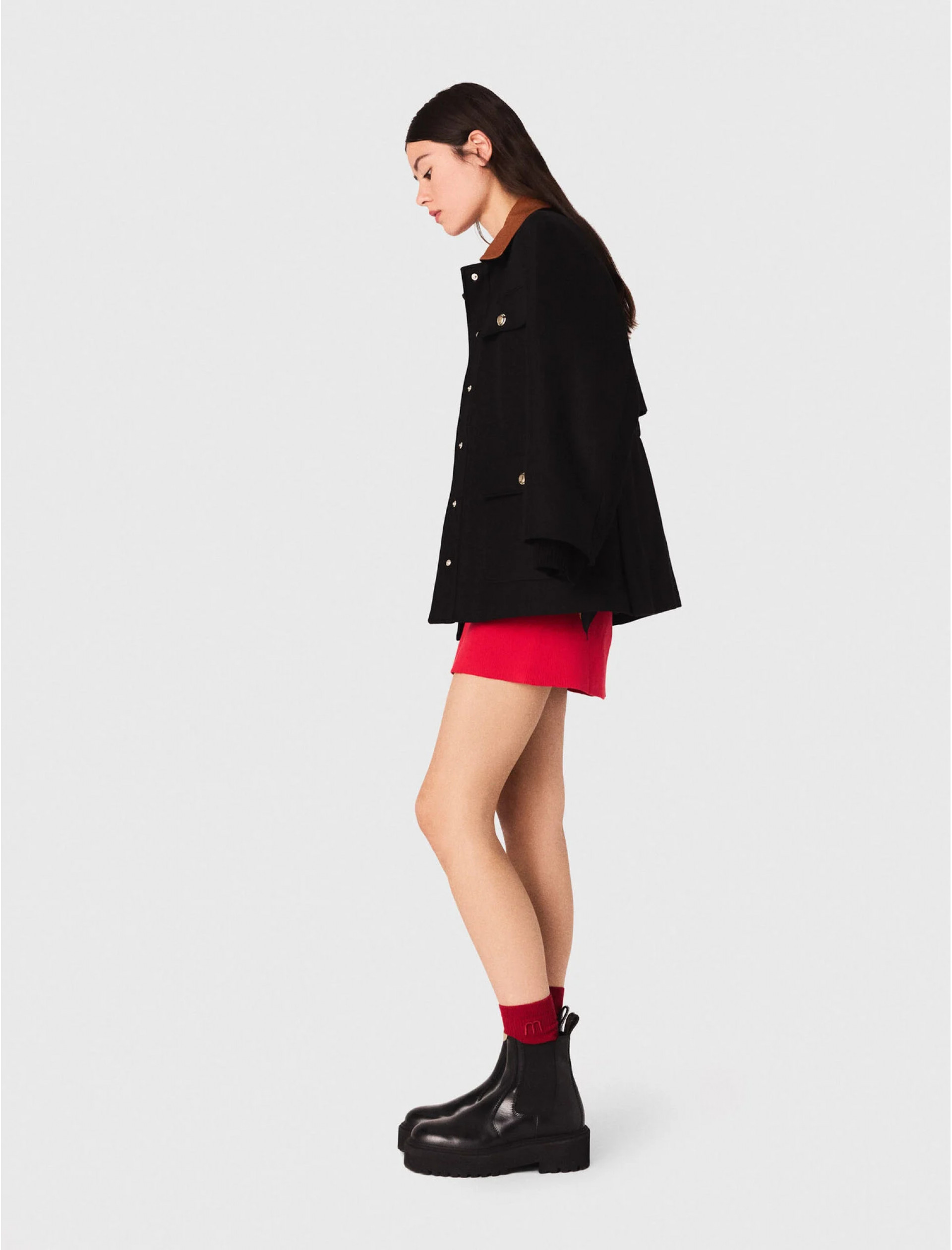 Женское пальто-рубашка с кожаным воротником