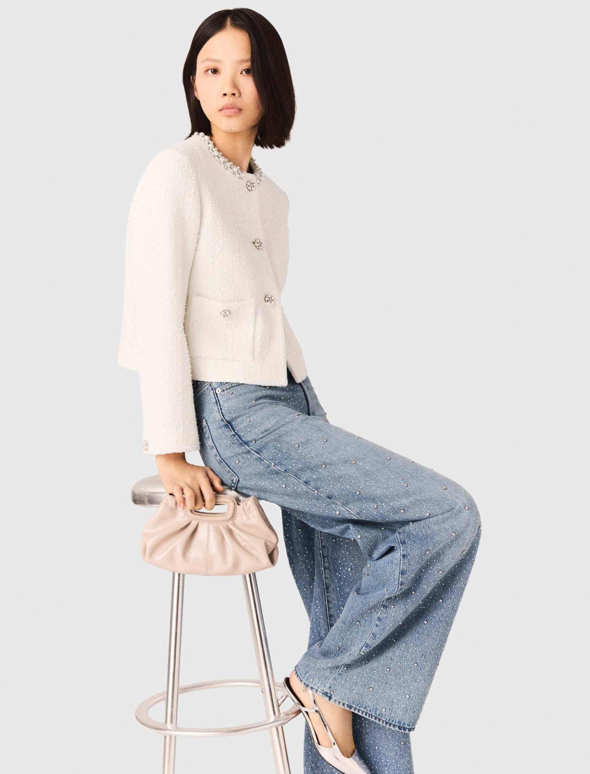 Женский твидовый жакет с жемчужной отделкой Женский твидовый жакет с жемчужной отделкой