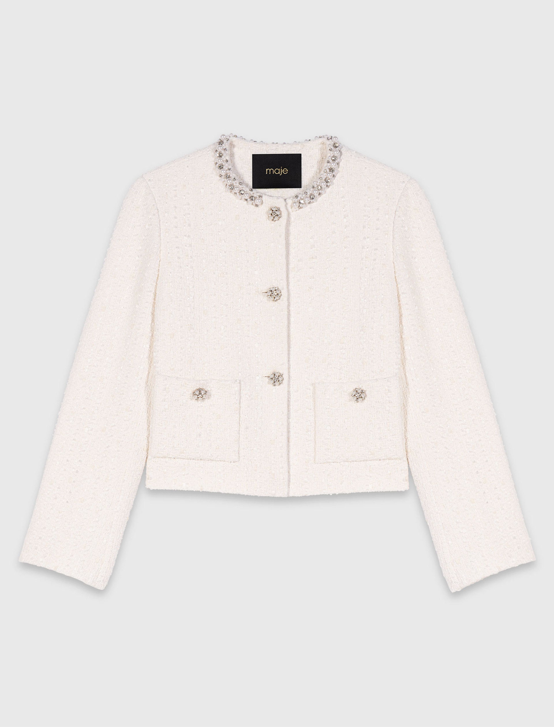 Женский твидовый жакет с жемчужной отделкой Женский твидовый жакет с жемчужной отделкой