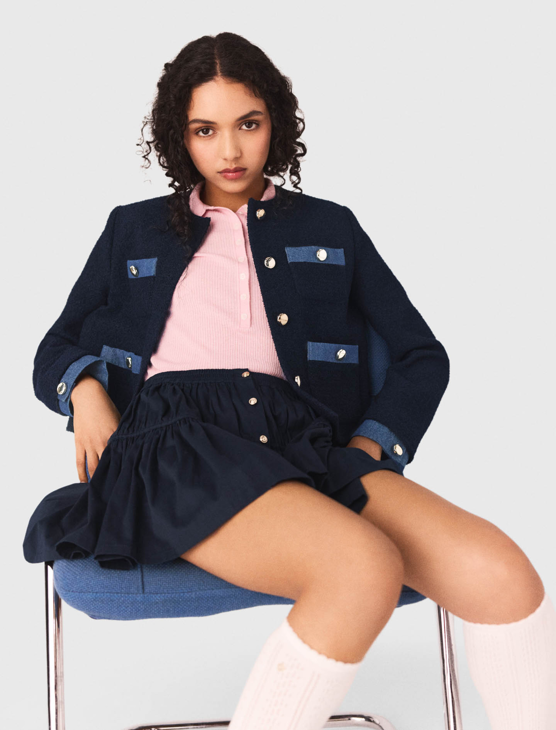 Жіночий твідовий жакет з джинсовим оздобленням