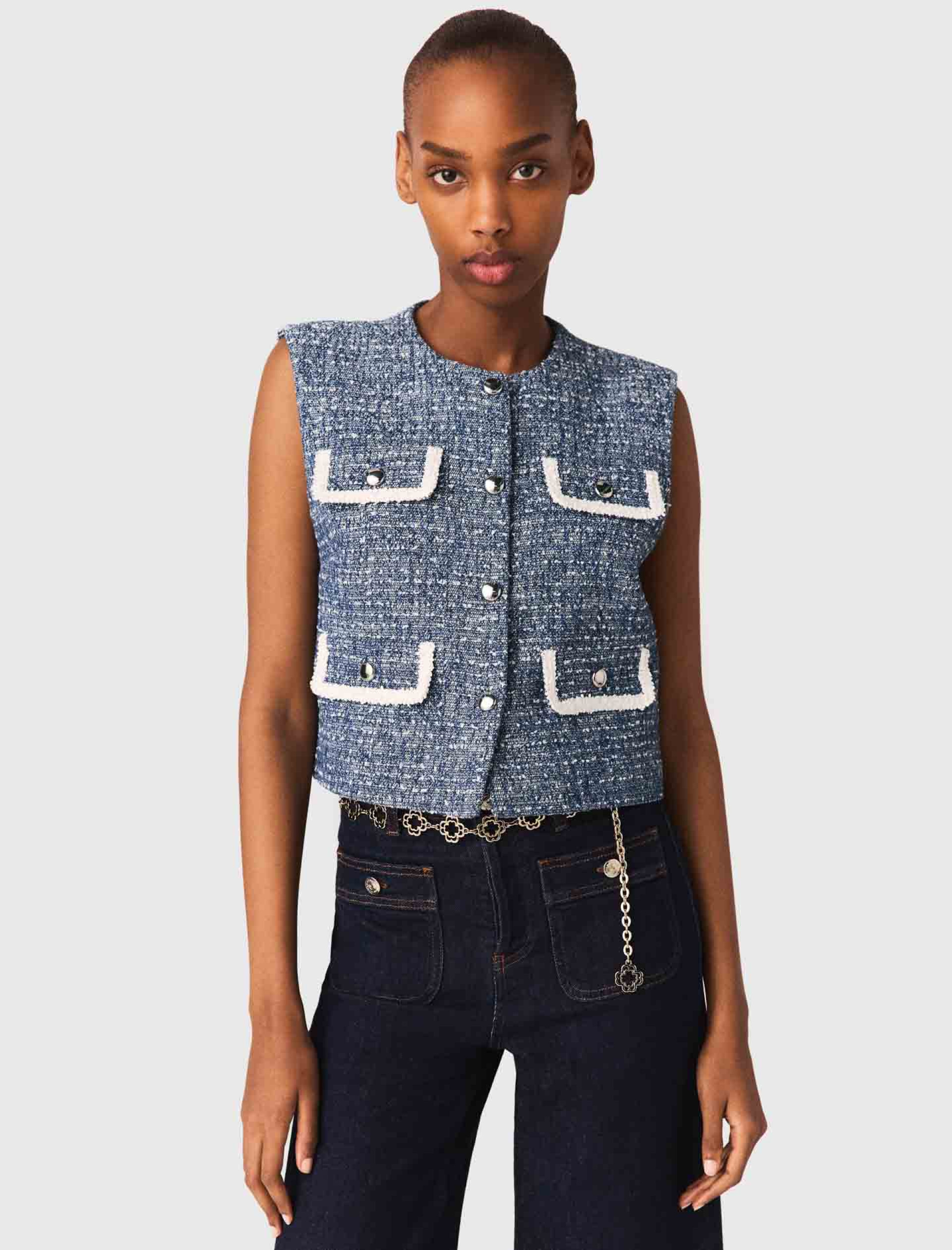 Женский синий твидовый жилет Женский синий твидовый жилет