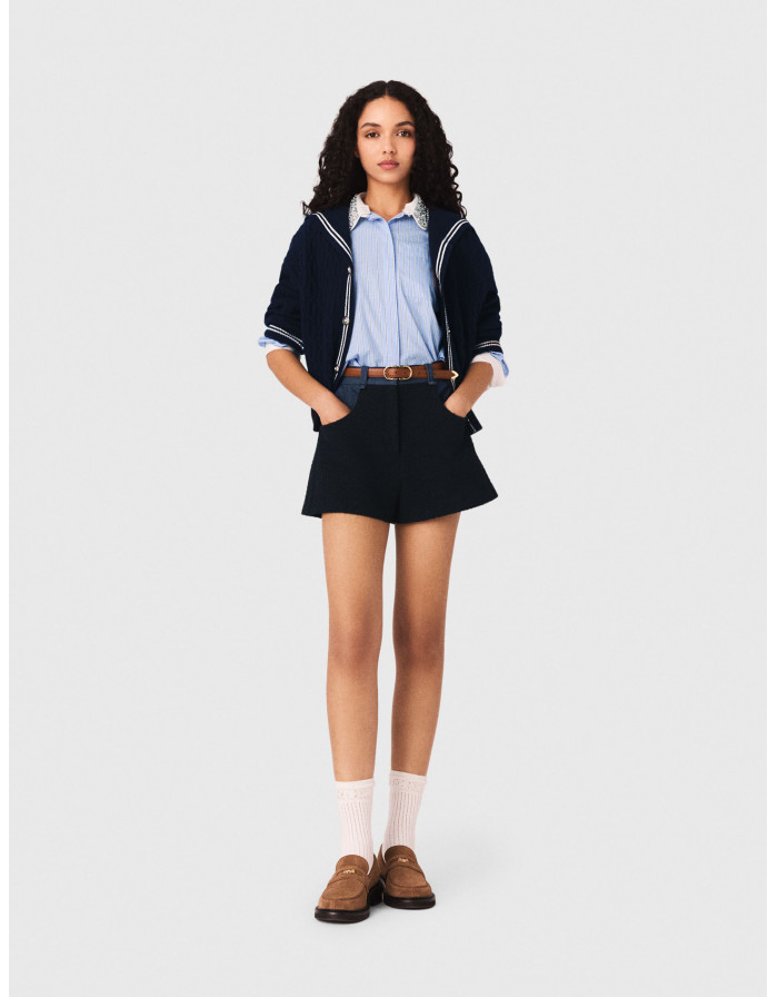 Женские твидовые шорты с джинсовыми деталями