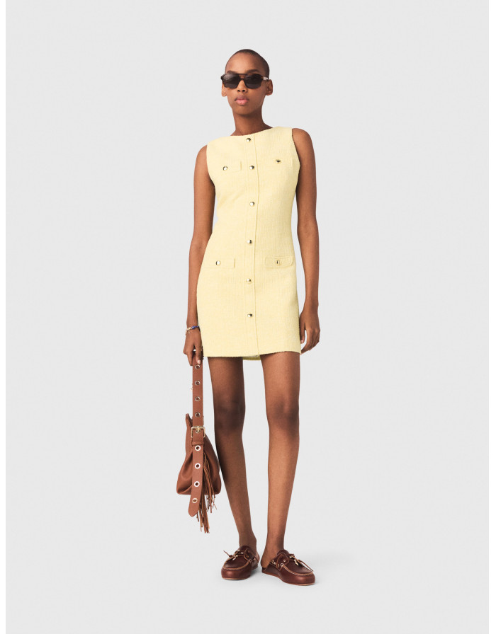 Женское желтое твидовое платье