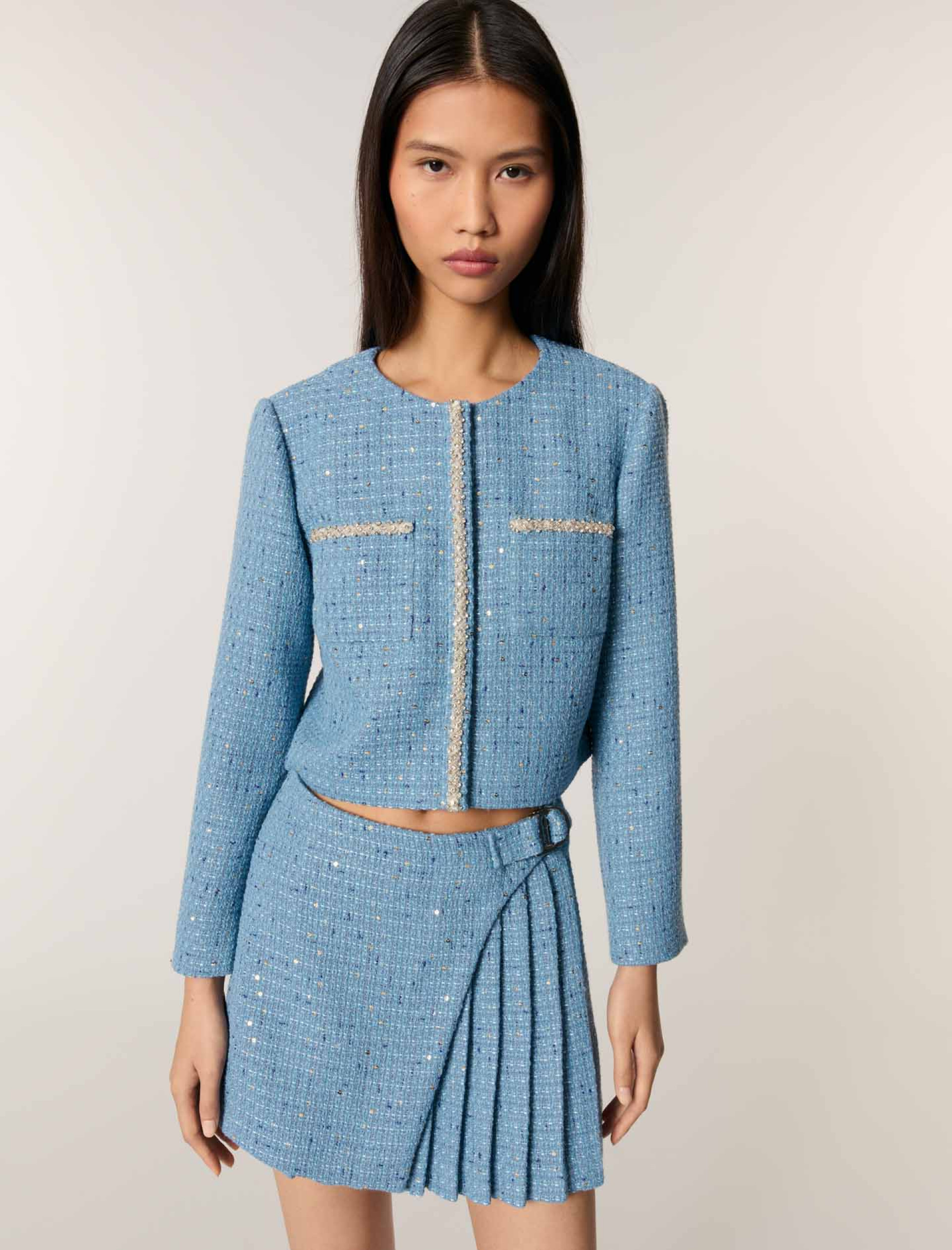 Женский короткий твидовый жакет с пайетками