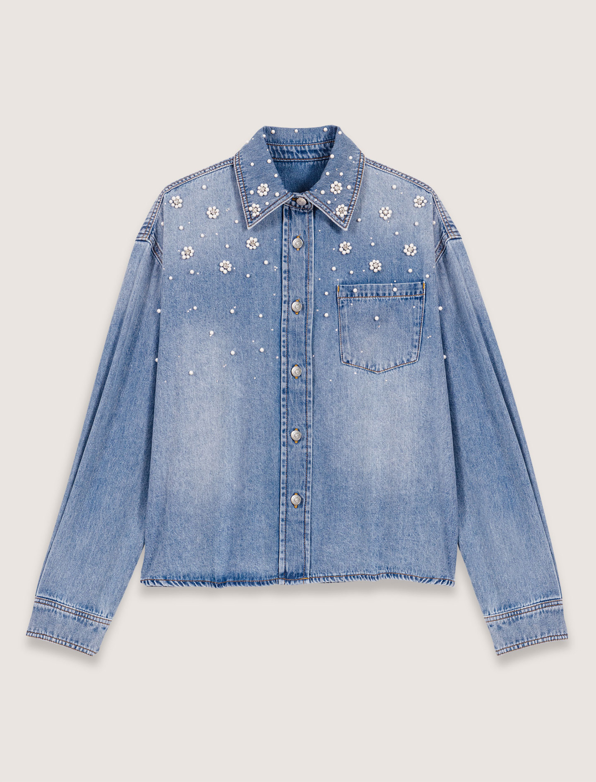 Женская джинсовя рубашка с вышивкой жемчугом Женская джинсовя рубашка с вышивкой жемчугом