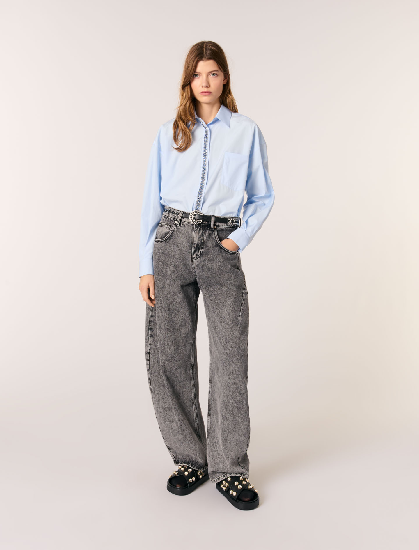 Женская рубашка из поплина со стразами