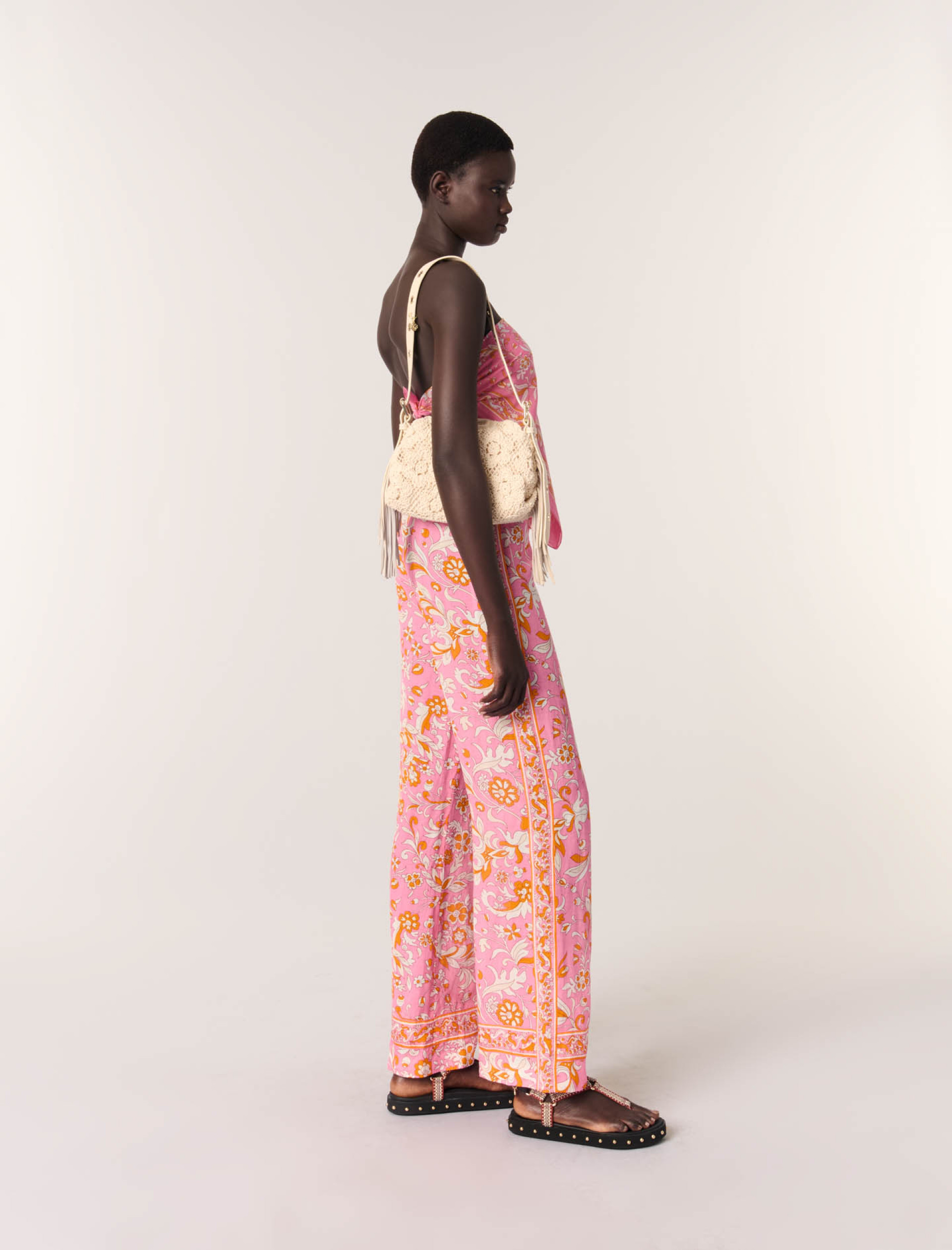 Жіночі льняні брюки з квітковим принтом