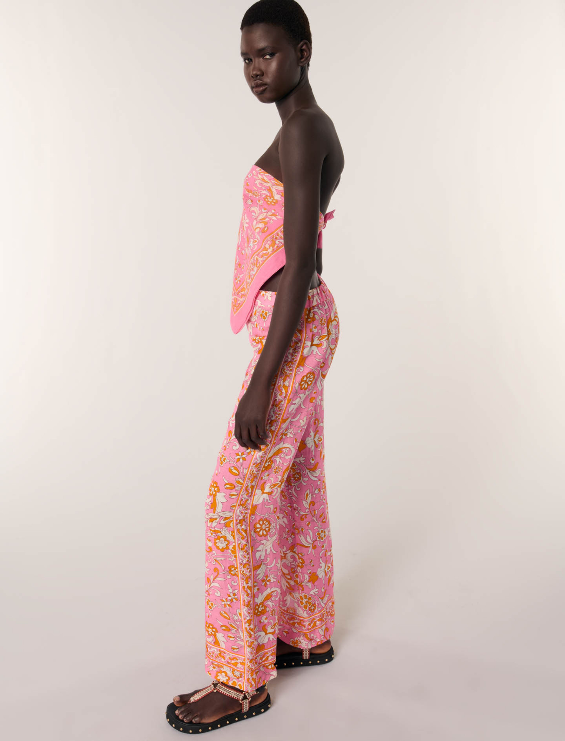 Жіночі льняні брюки з квітковим принтом