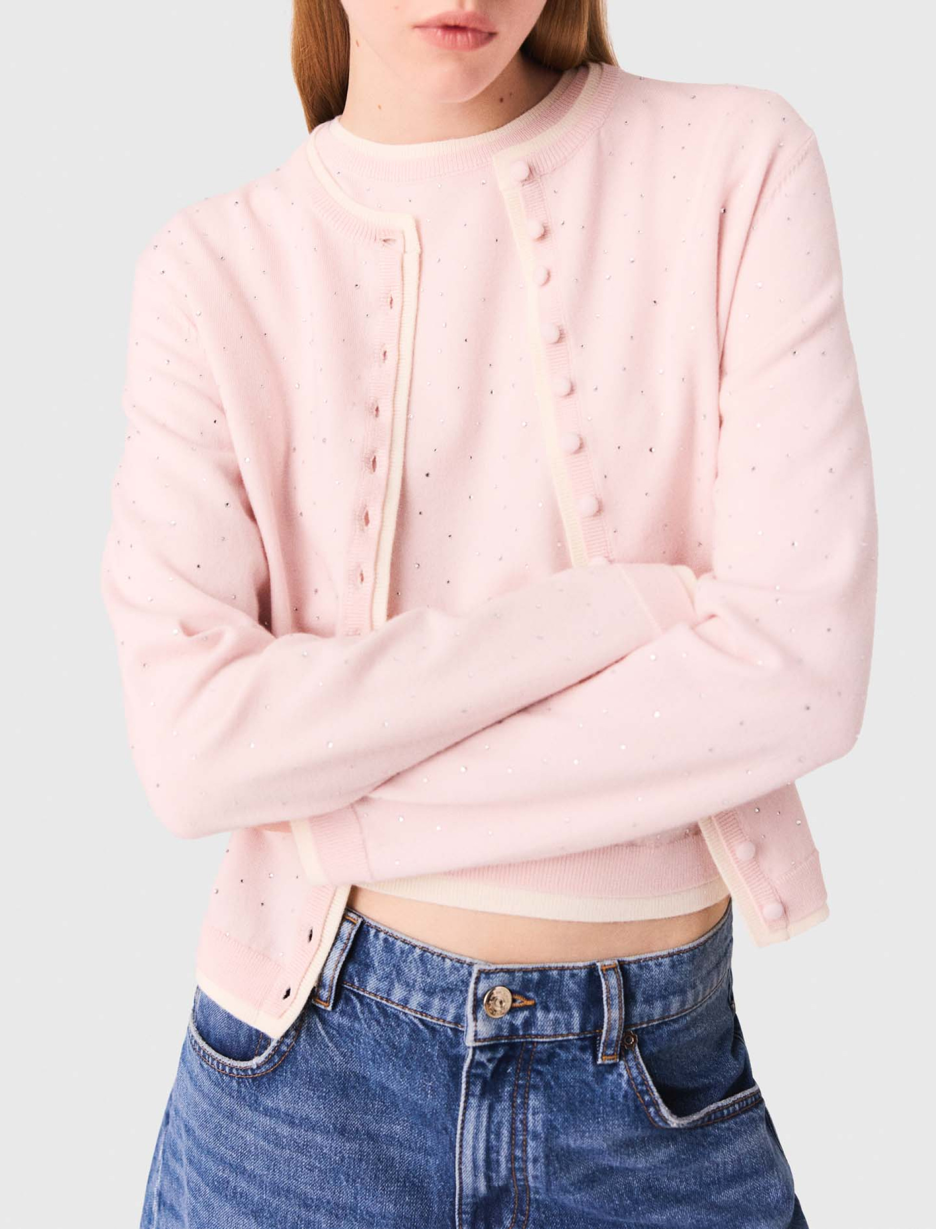 Женский розовый кардиган со стразами