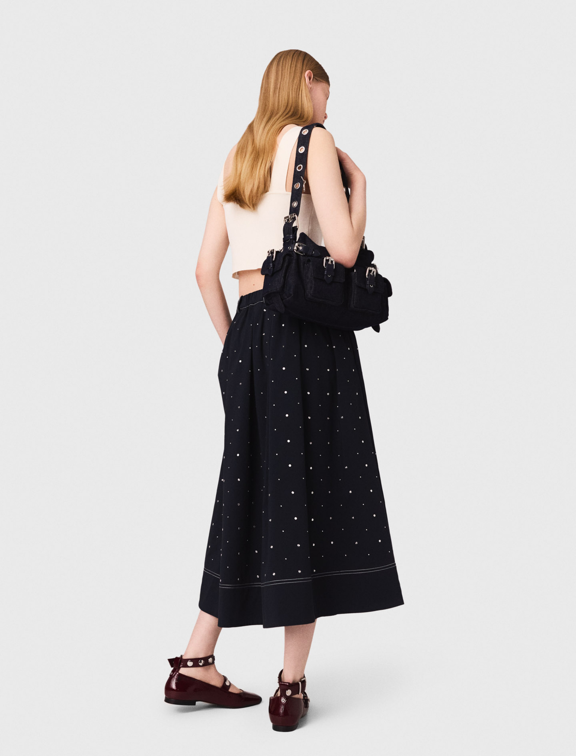 Жіноча синя довга спідниця з заклепками