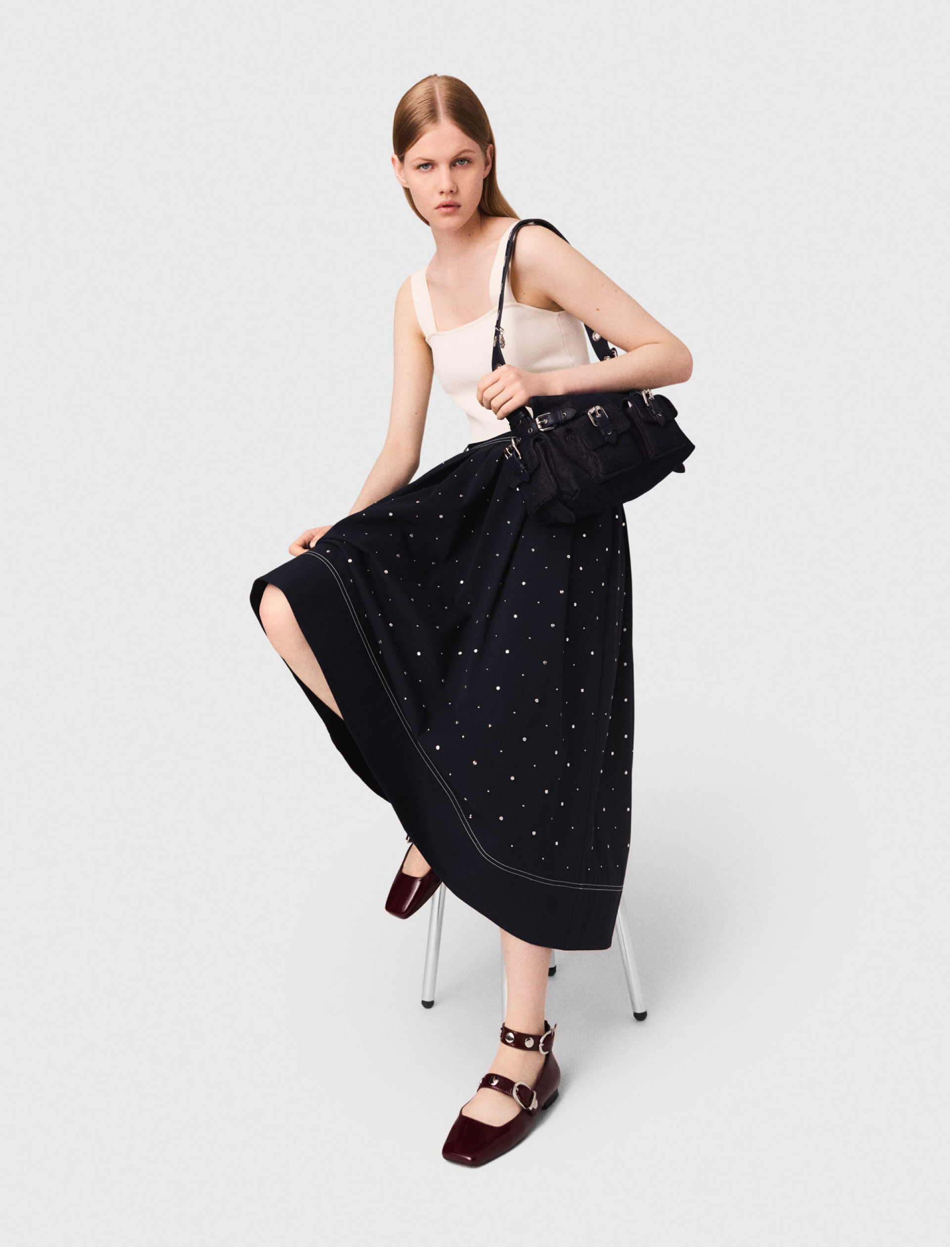 Жіноча синя довга спідниця з заклепками