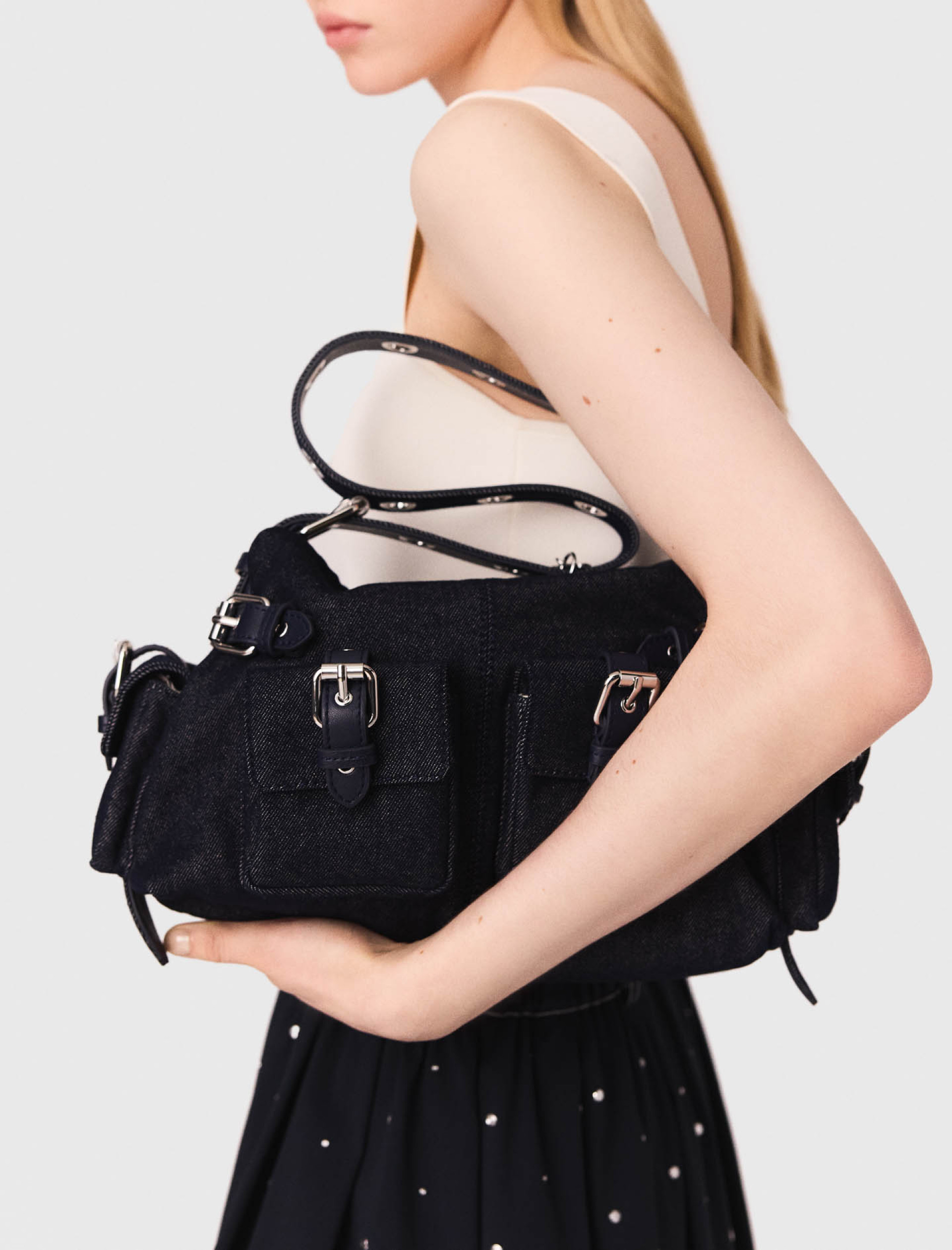 Жіноча синя довга спідниця з заклепками