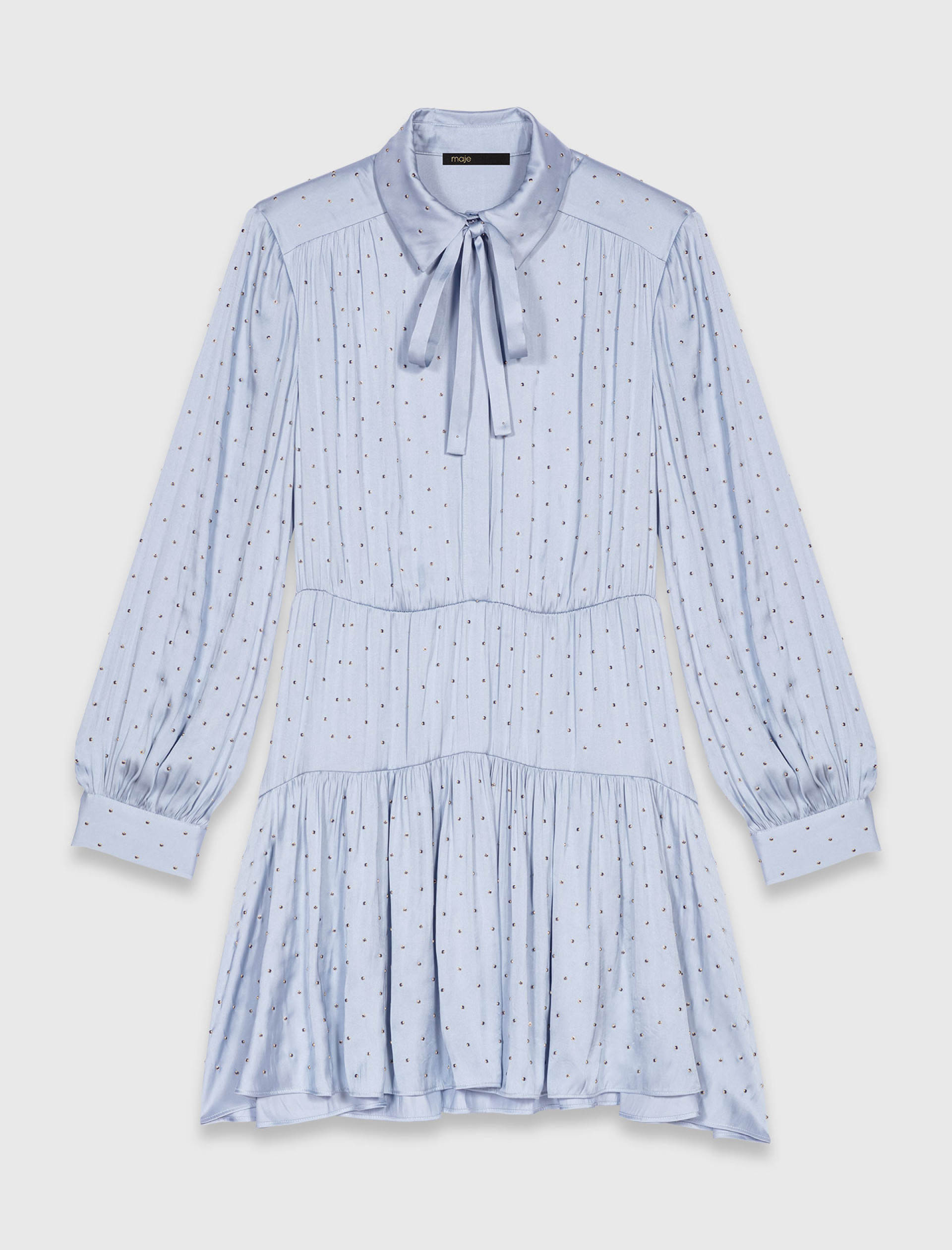 Женское голубое платье-рубашка со стразами