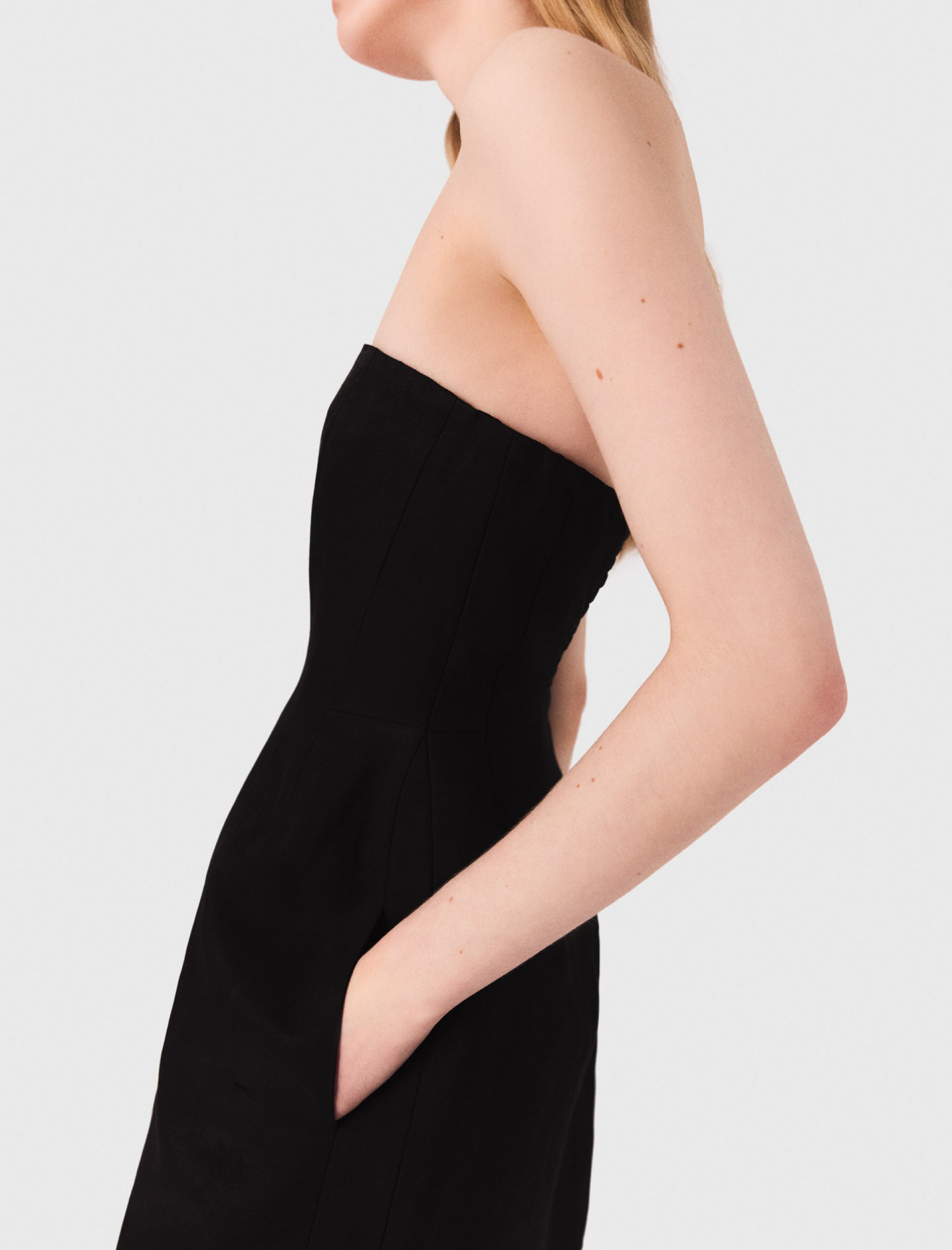 Женское черное льняное платье со съемными бретелями