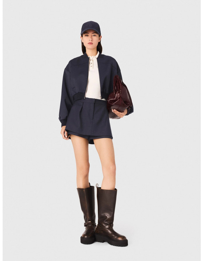 Женский синий бомбер из комбинированной шерсти