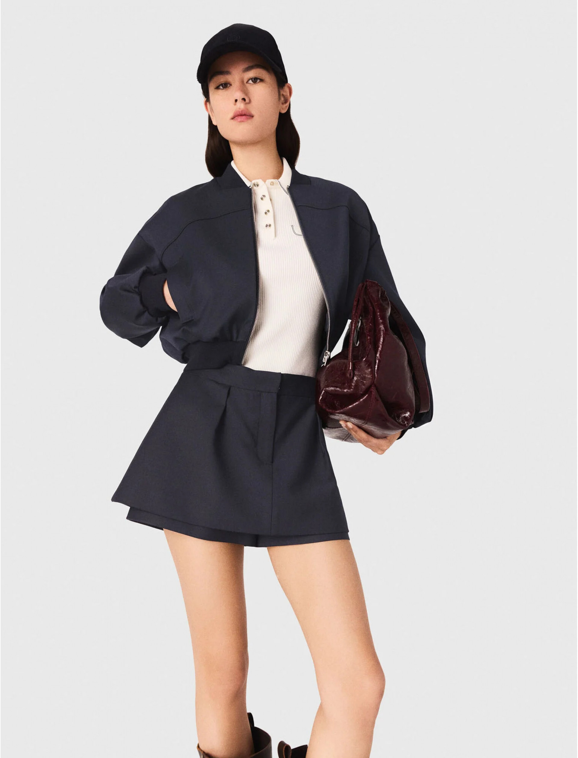 Женский синий бомбер из комбинированной шерсти