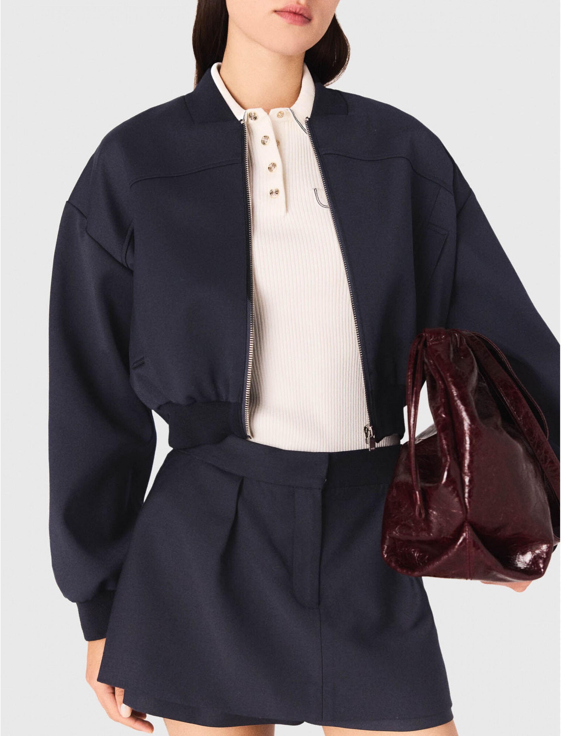 Женский синий бомбер из комбинированной шерсти