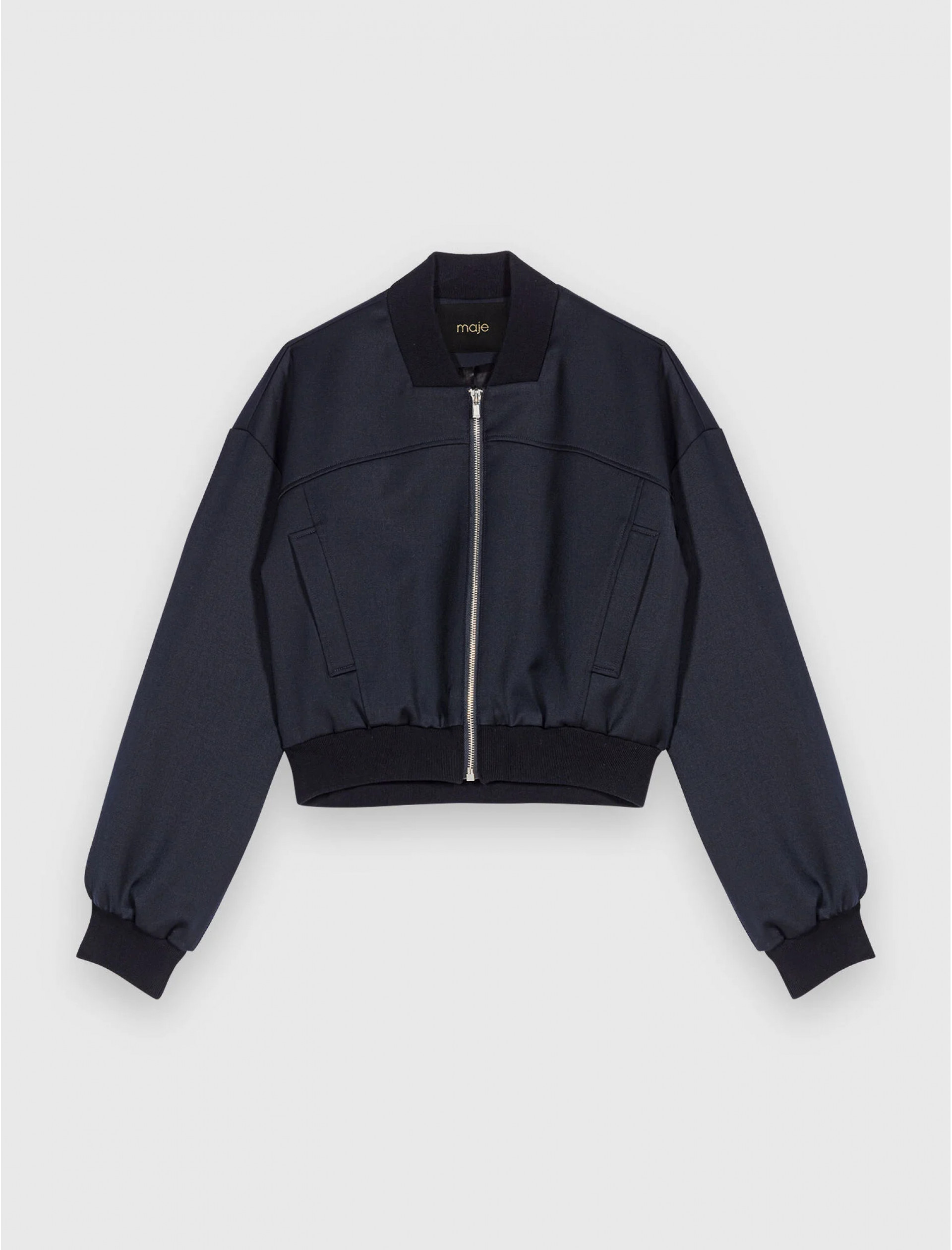 Женский синий бомбер из комбинированной шерсти