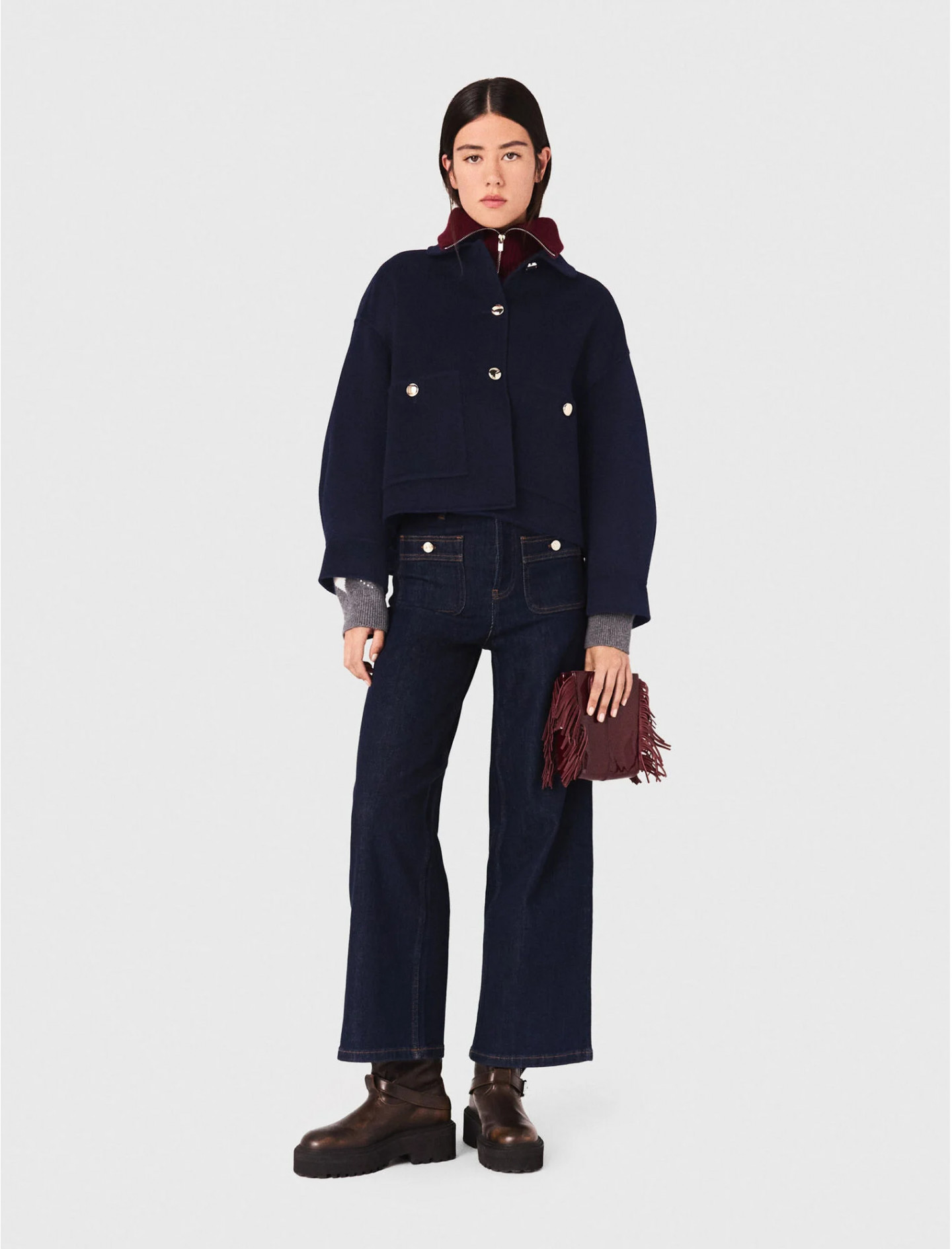 Женская синяя короткая шерстяная куртка