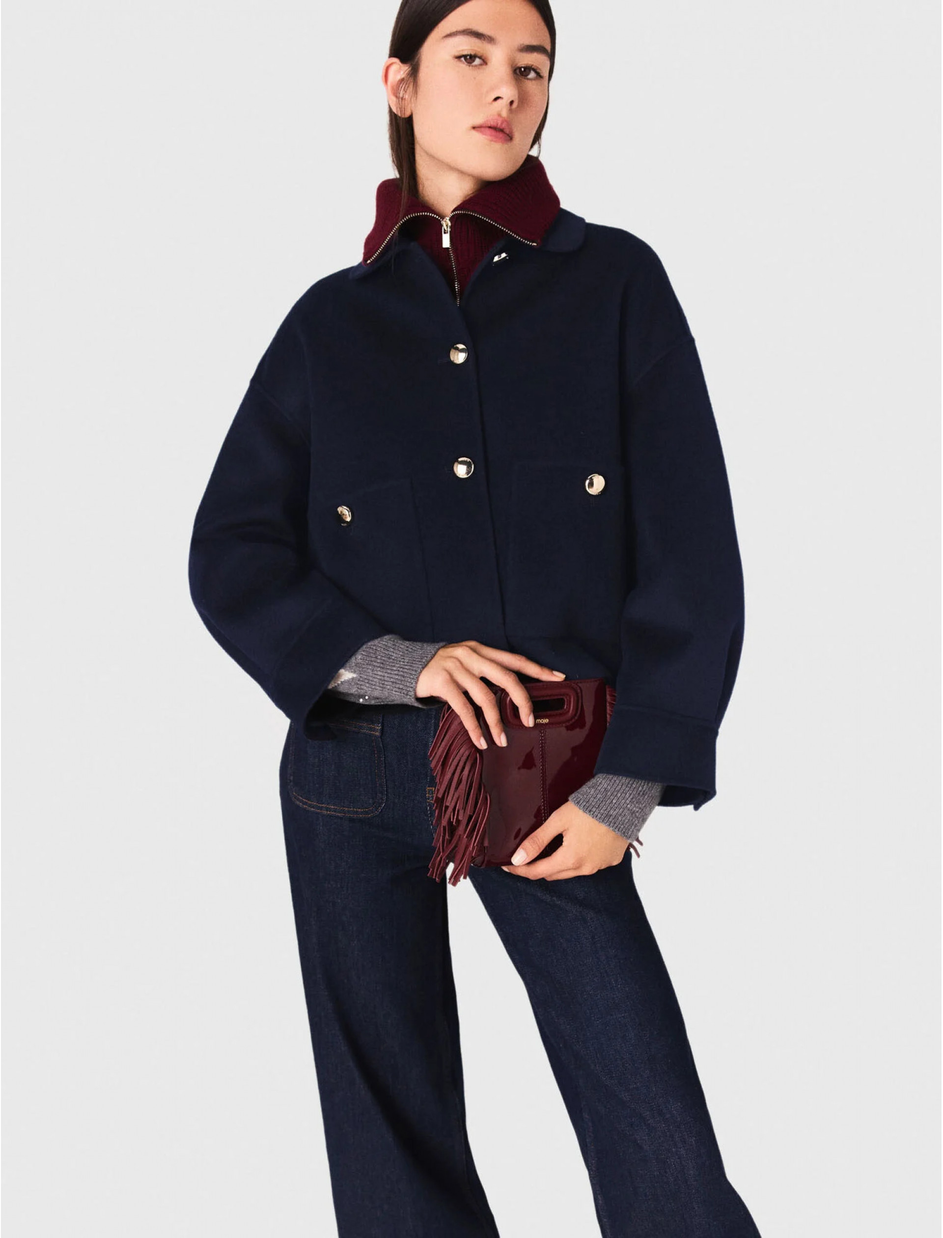 Женская синяя короткая шерстяная куртка