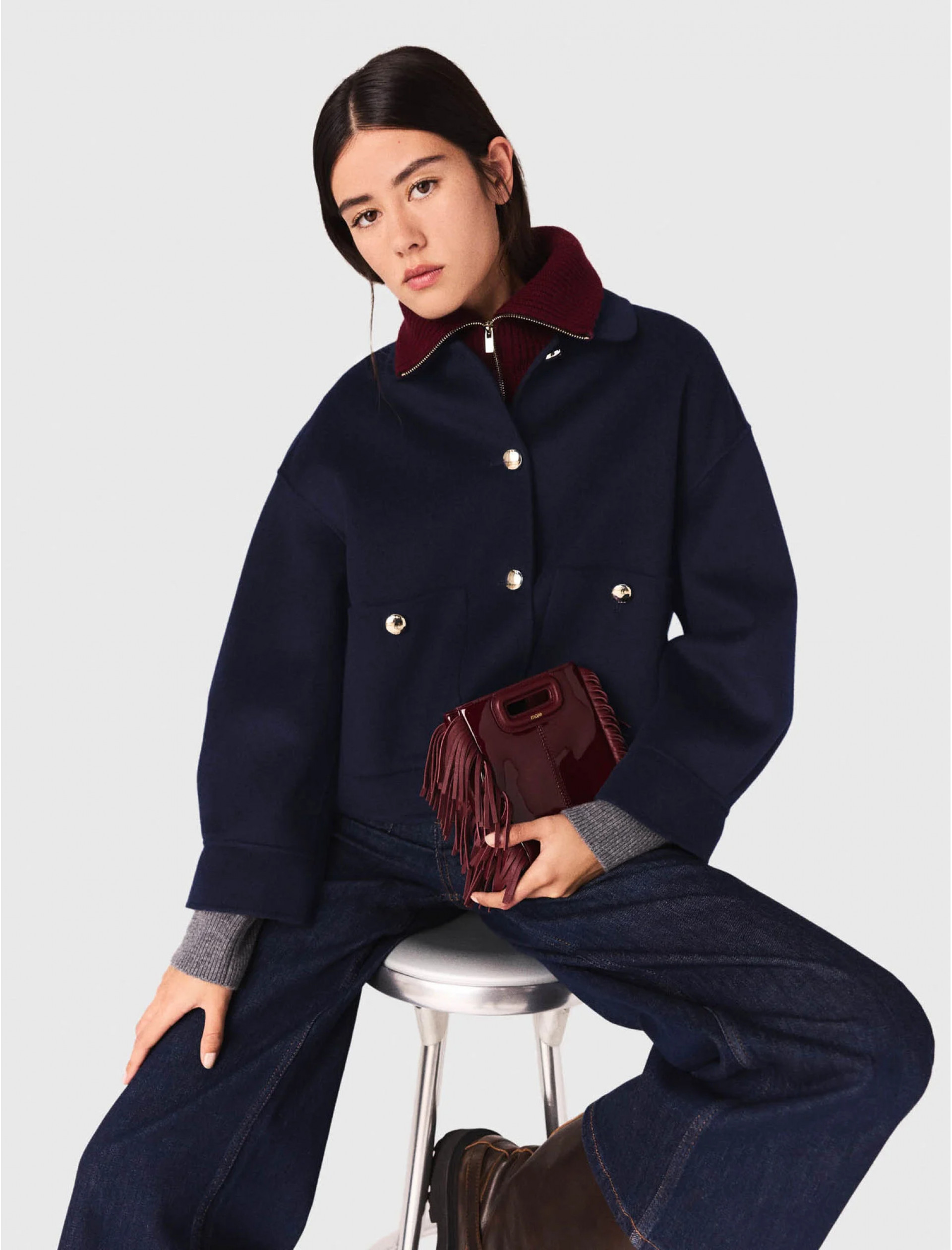 Женская синяя короткая шерстяная куртка