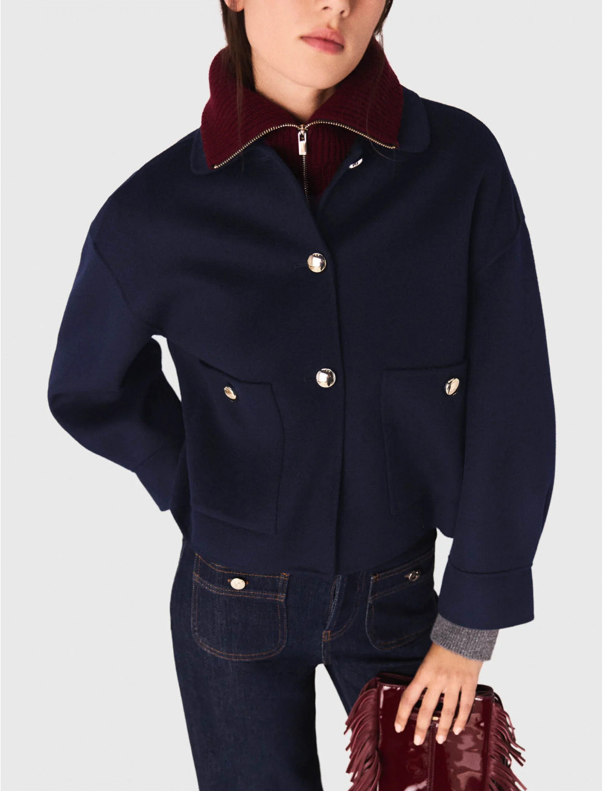 Женская синяя короткая шерстяная куртка