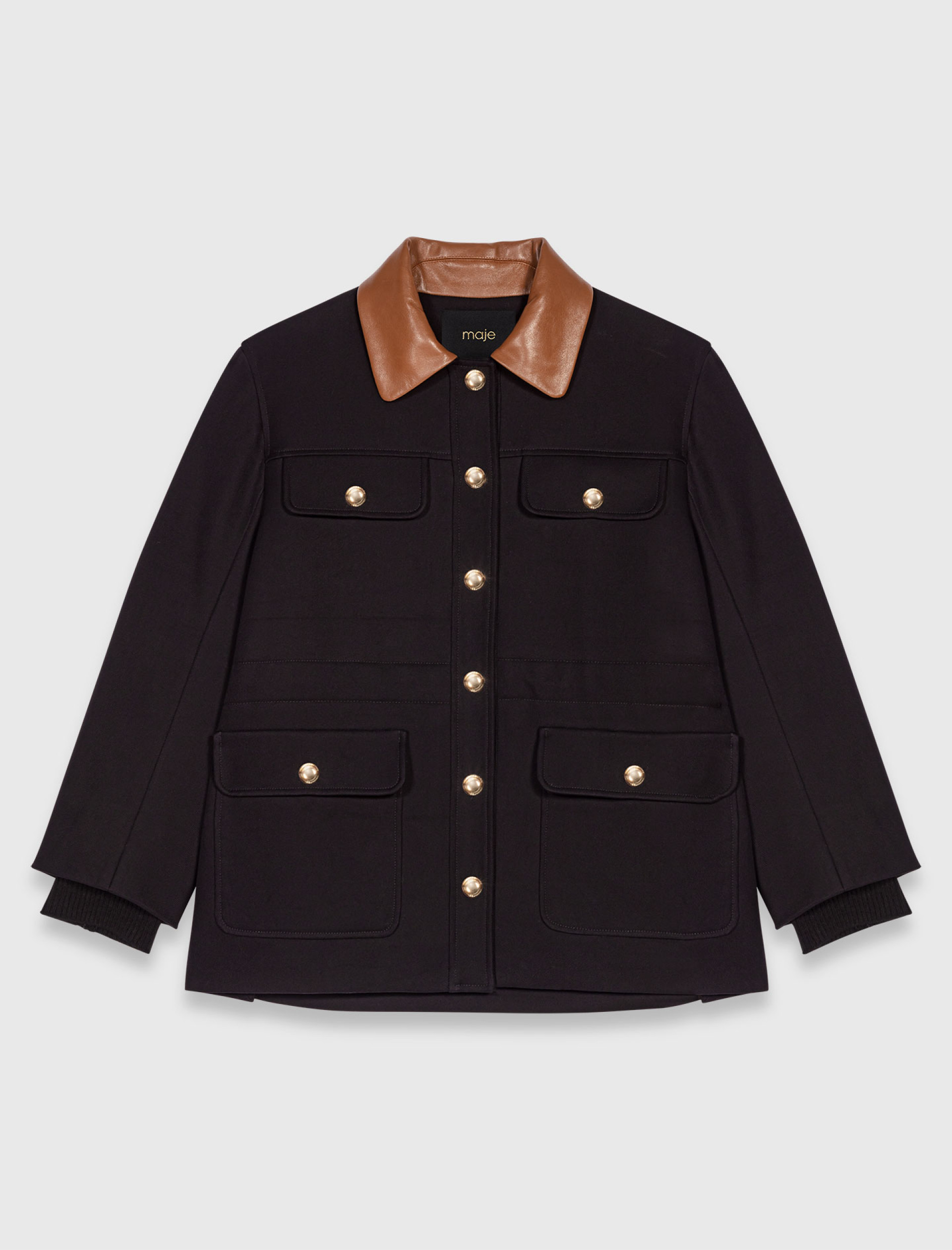 Женское пальто-рубашка с кожаным воротником