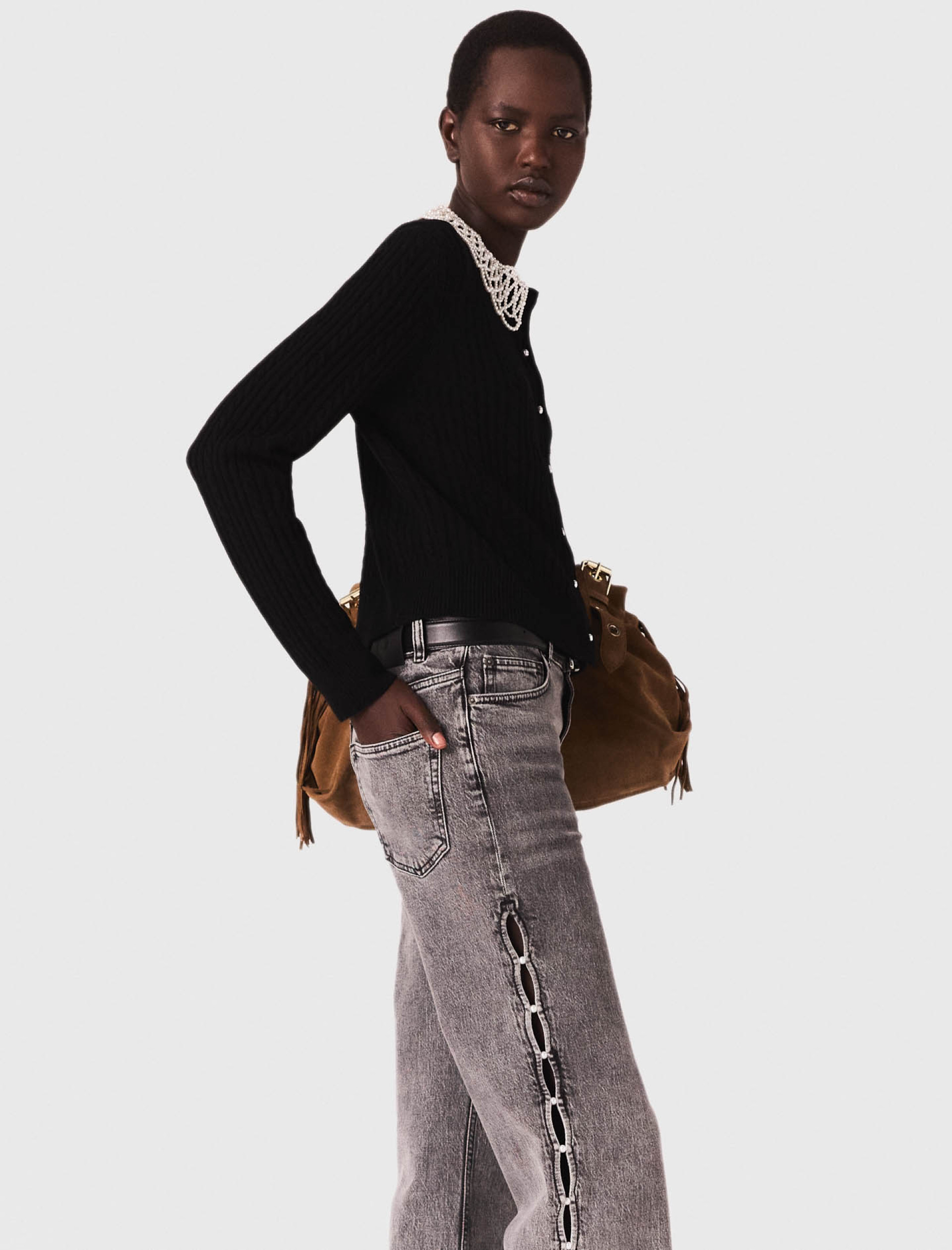 Жіночий кардиган зі з'ємним коміром з перлів