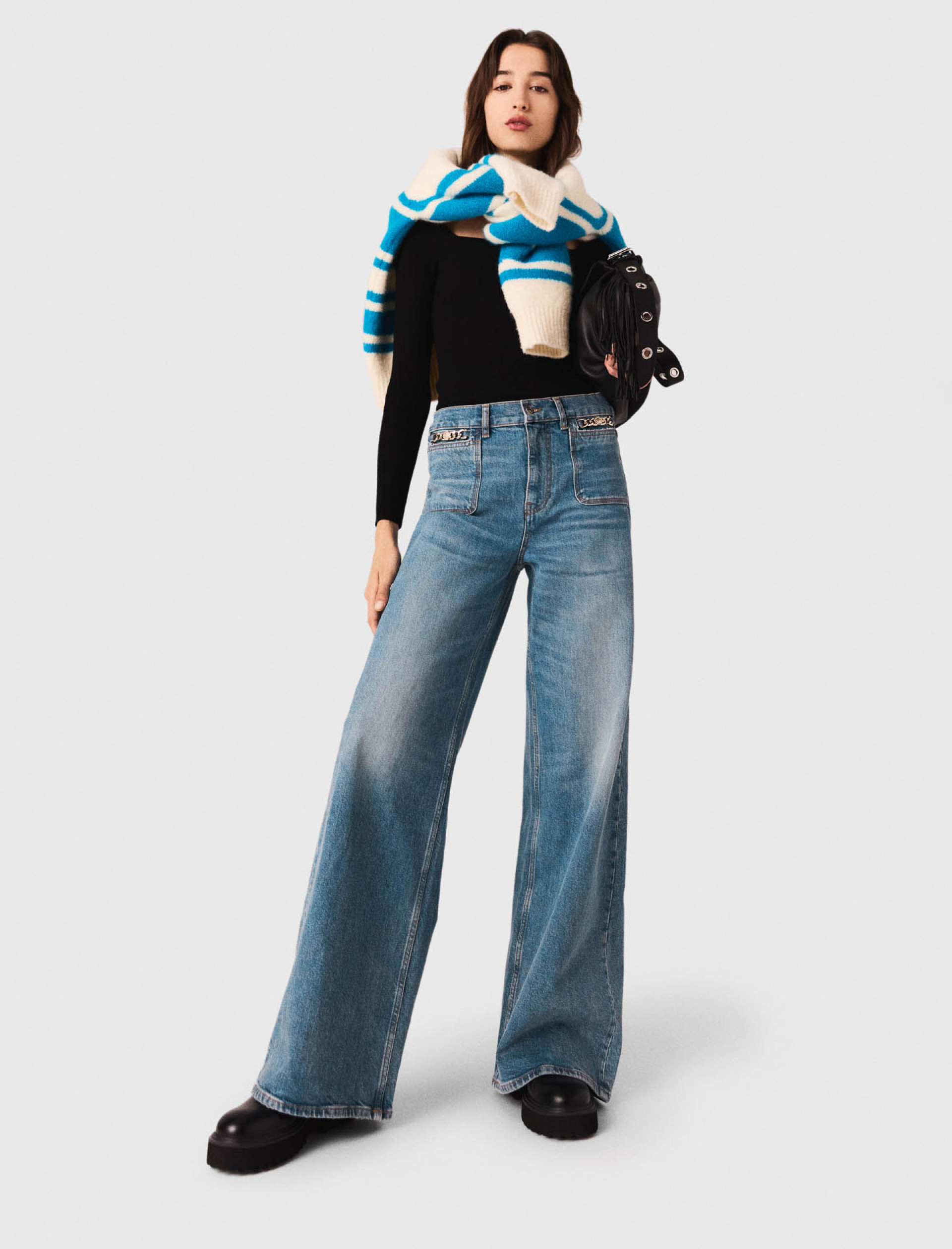 Жіночі широкі джинси з ланцюжками