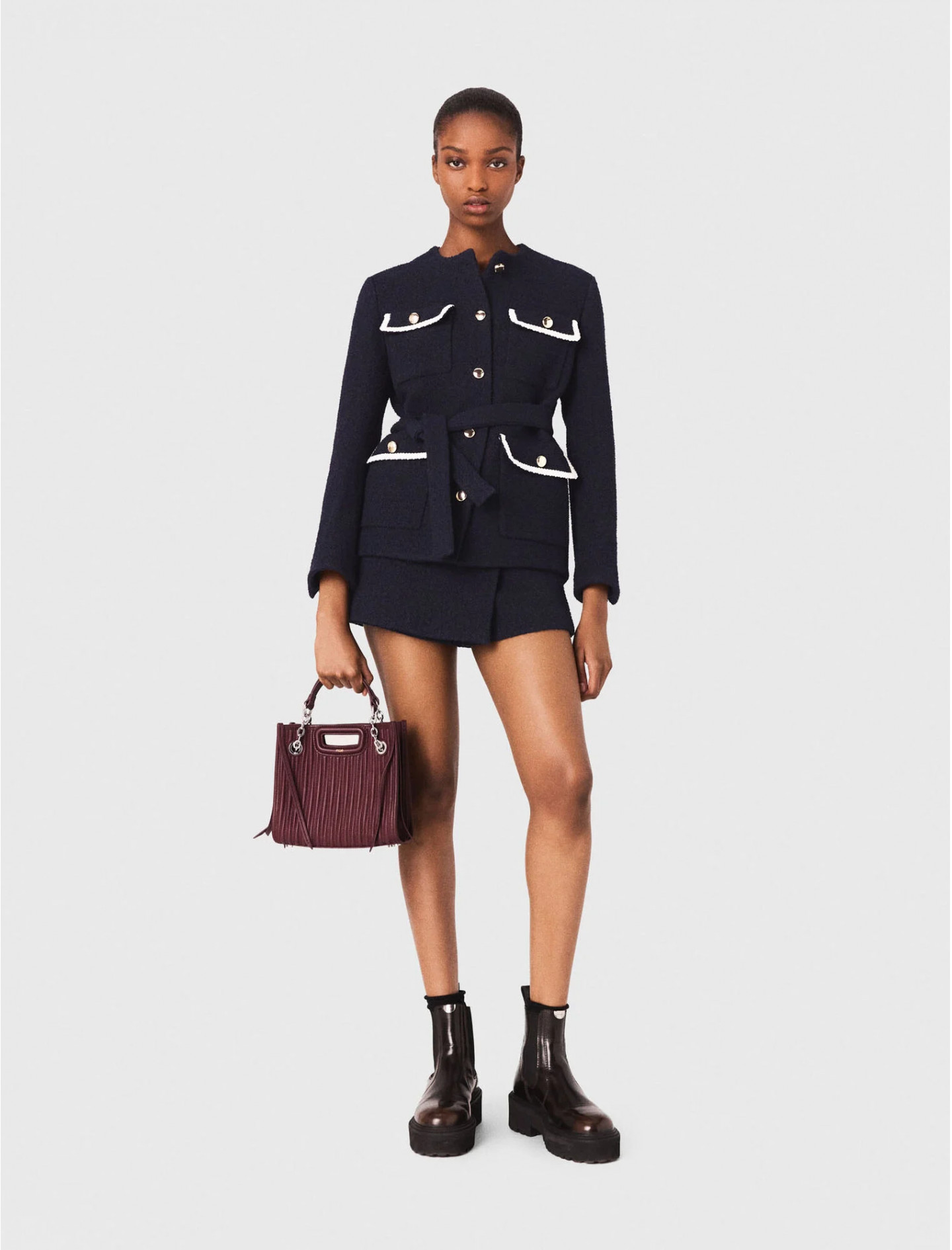 Женский синий твидовый жакет с карманами