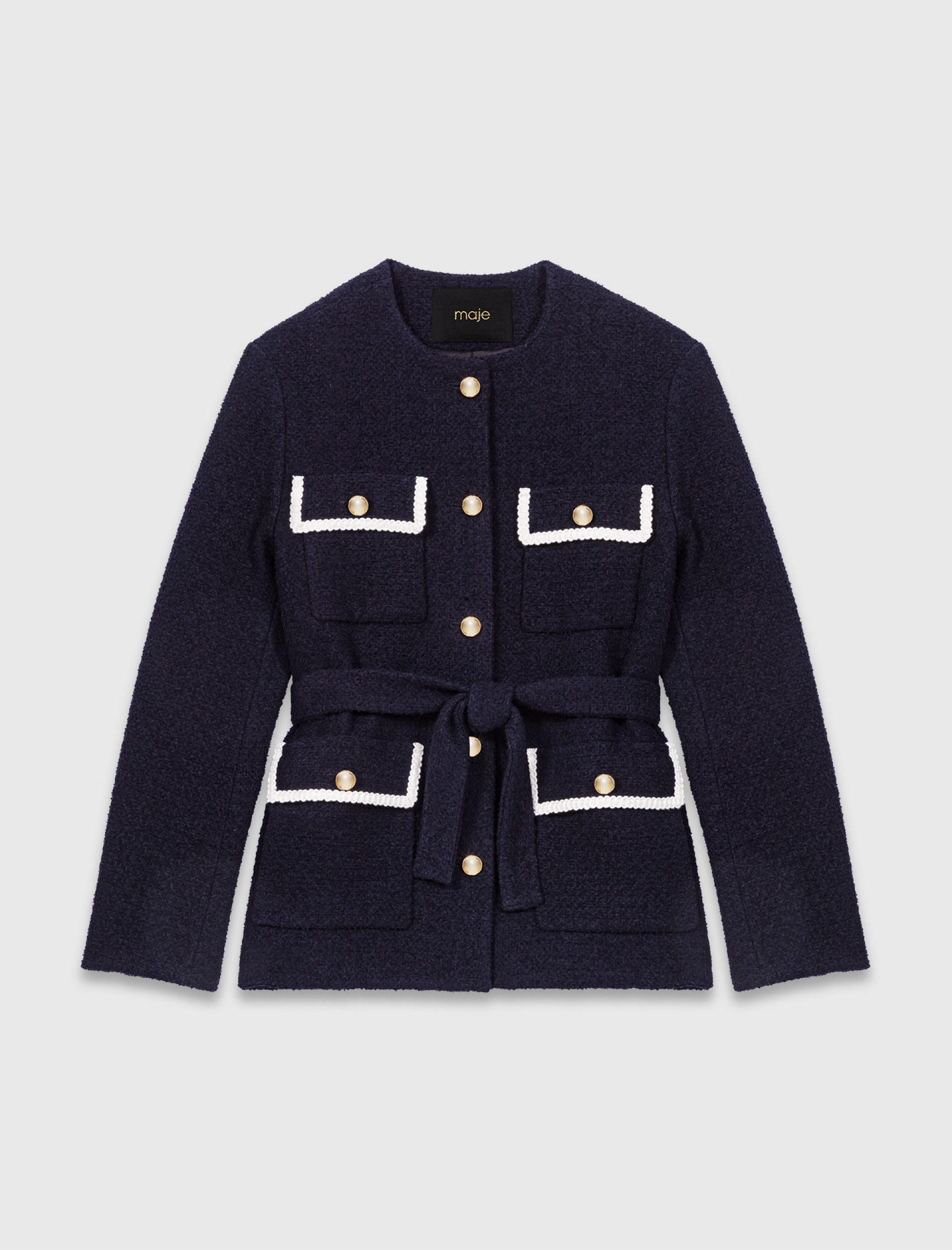 Женский синий твидовый жакет с карманами