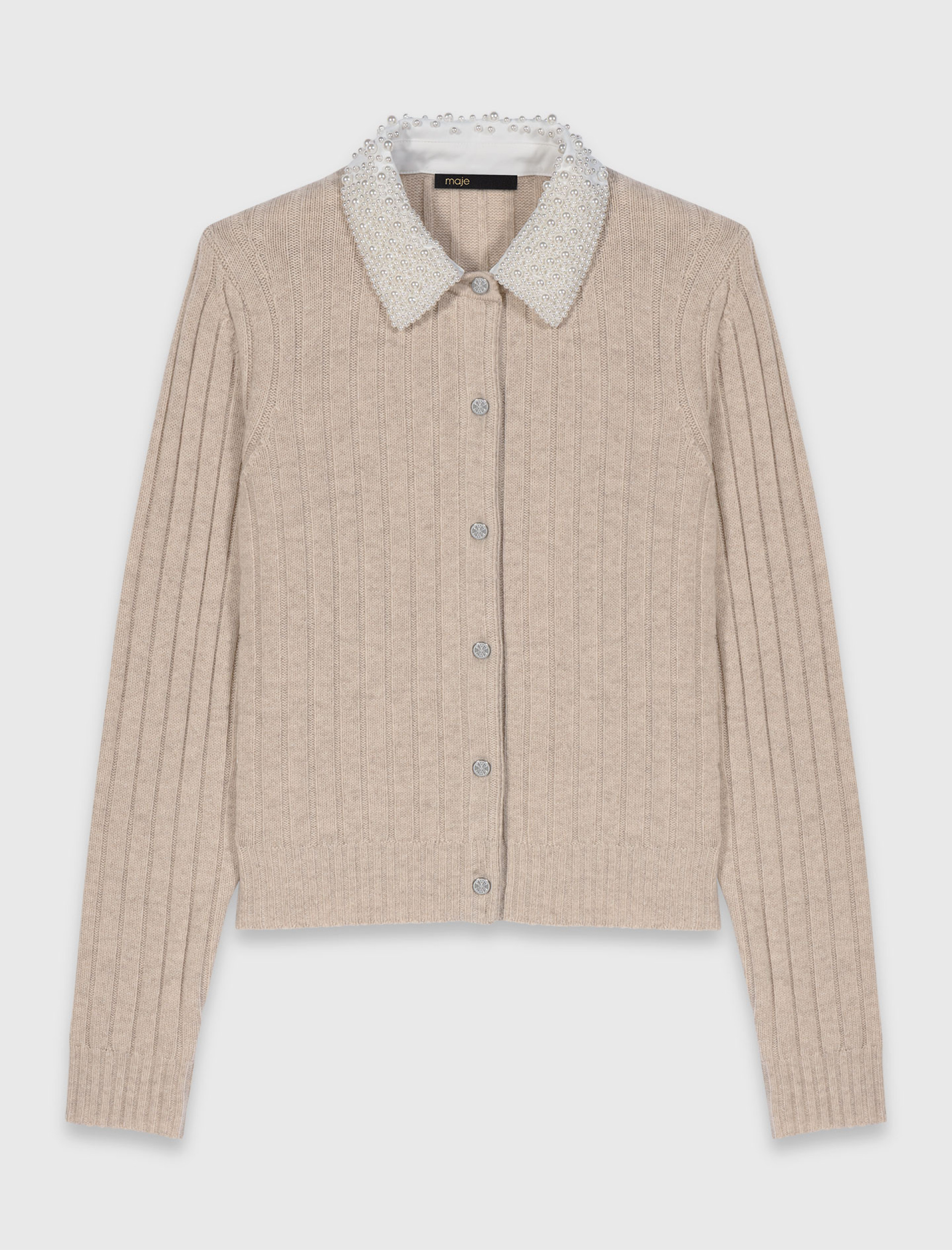 Жіночий кардиган зі з'ємним коміром, прикрашеним бусинами Жіночий кардиган зі з'ємним коміром, прикрашеним бусинами