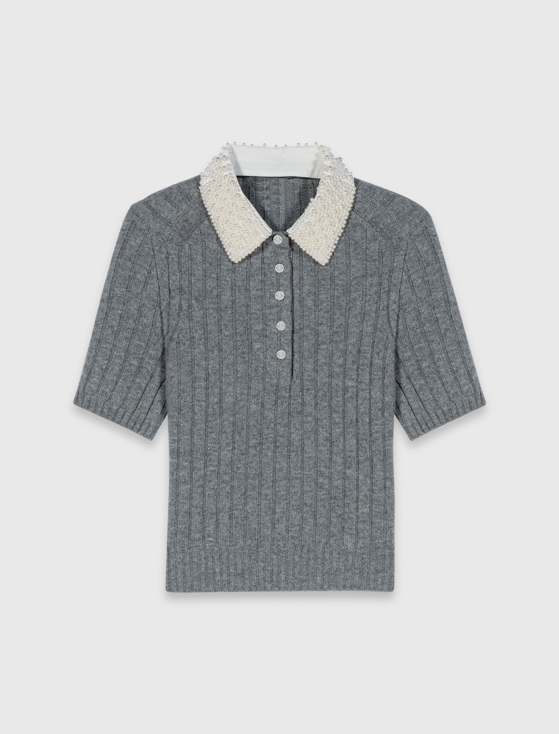 Жіночий сірий джемпер з декорованим коміром Жіночий сірий джемпер з декорованим коміром