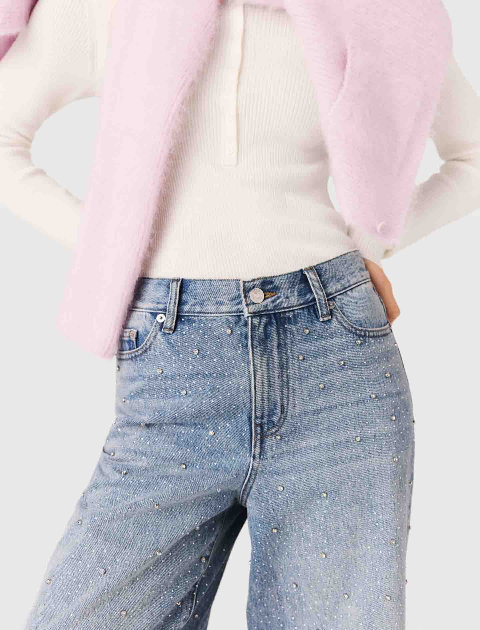 Женские широкие джинсы, украшенные стразами