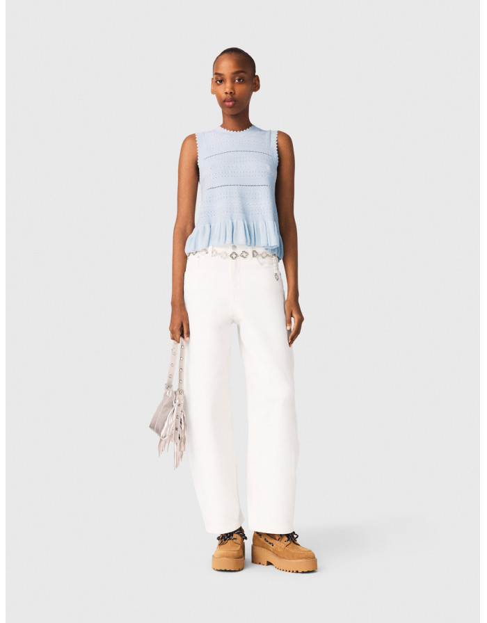 Жіночий блакитний в'язаний топ з оборками