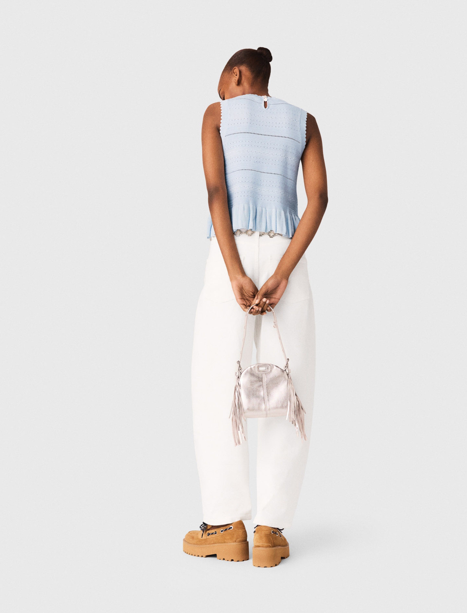 Женский голубой вязаный топ с оборками Женский голубой вязаный топ с оборками