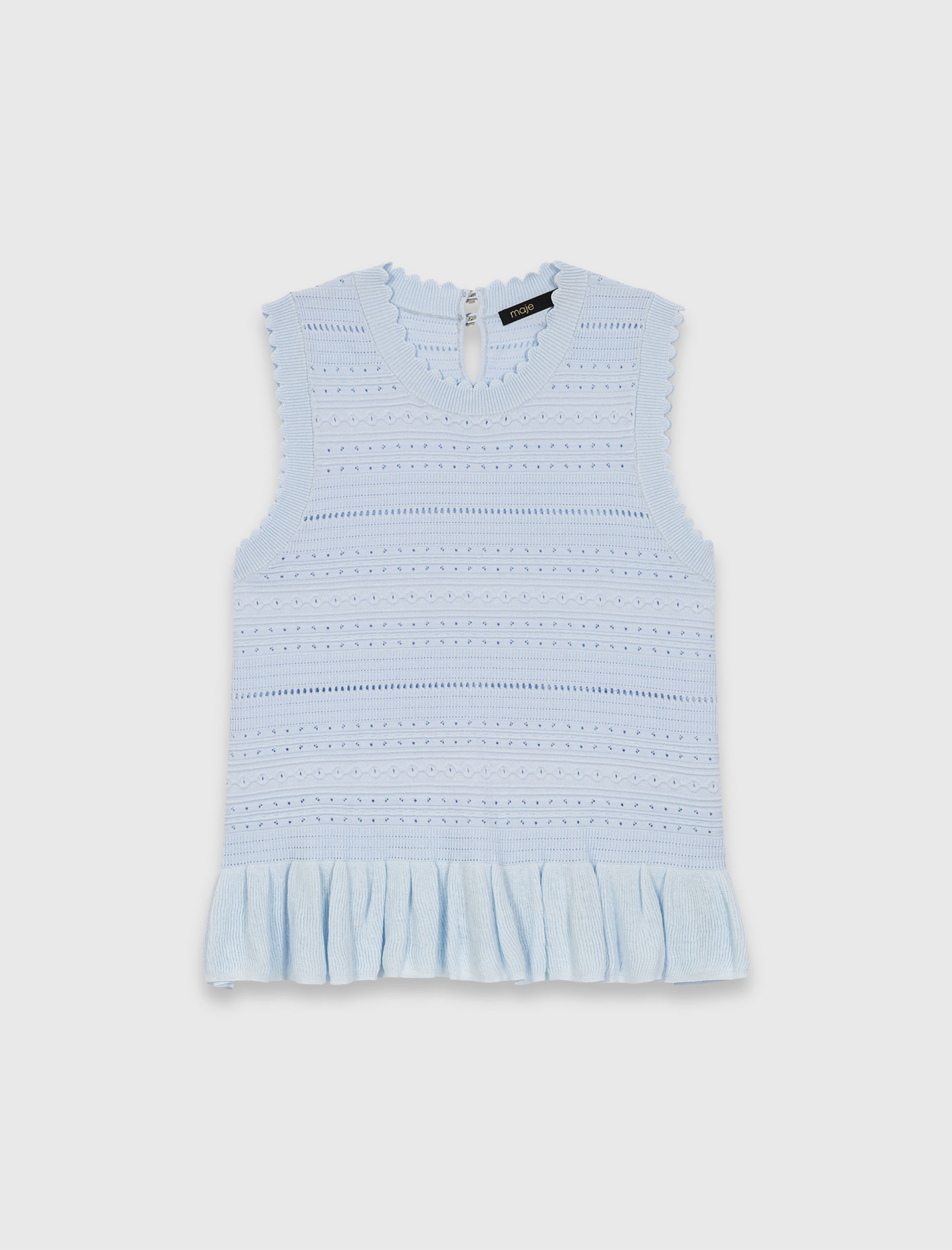 Женский голубой вязаный топ с оборками Женский голубой вязаный топ с оборками