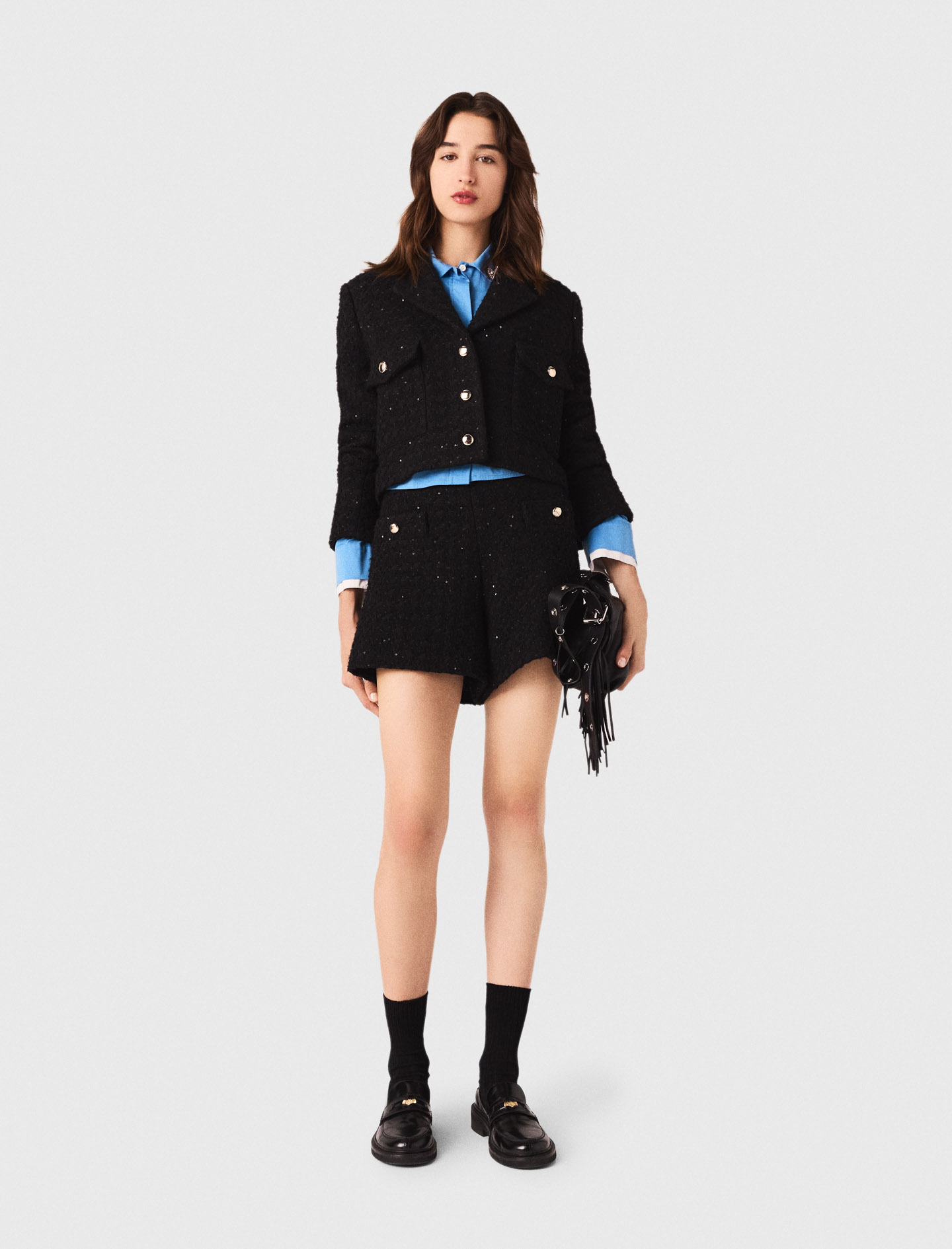 Жіночий короткий твідовий жакет з паєтками