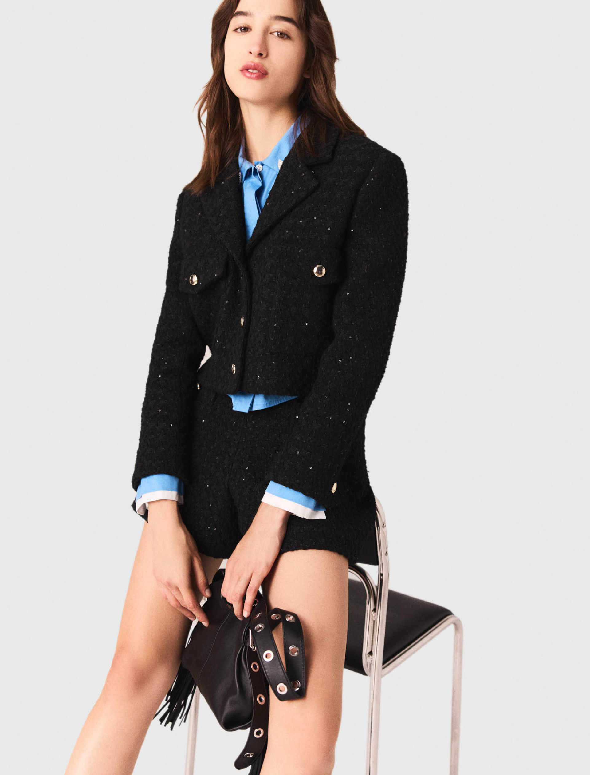 Жіночий короткий твідовий жакет з паєтками