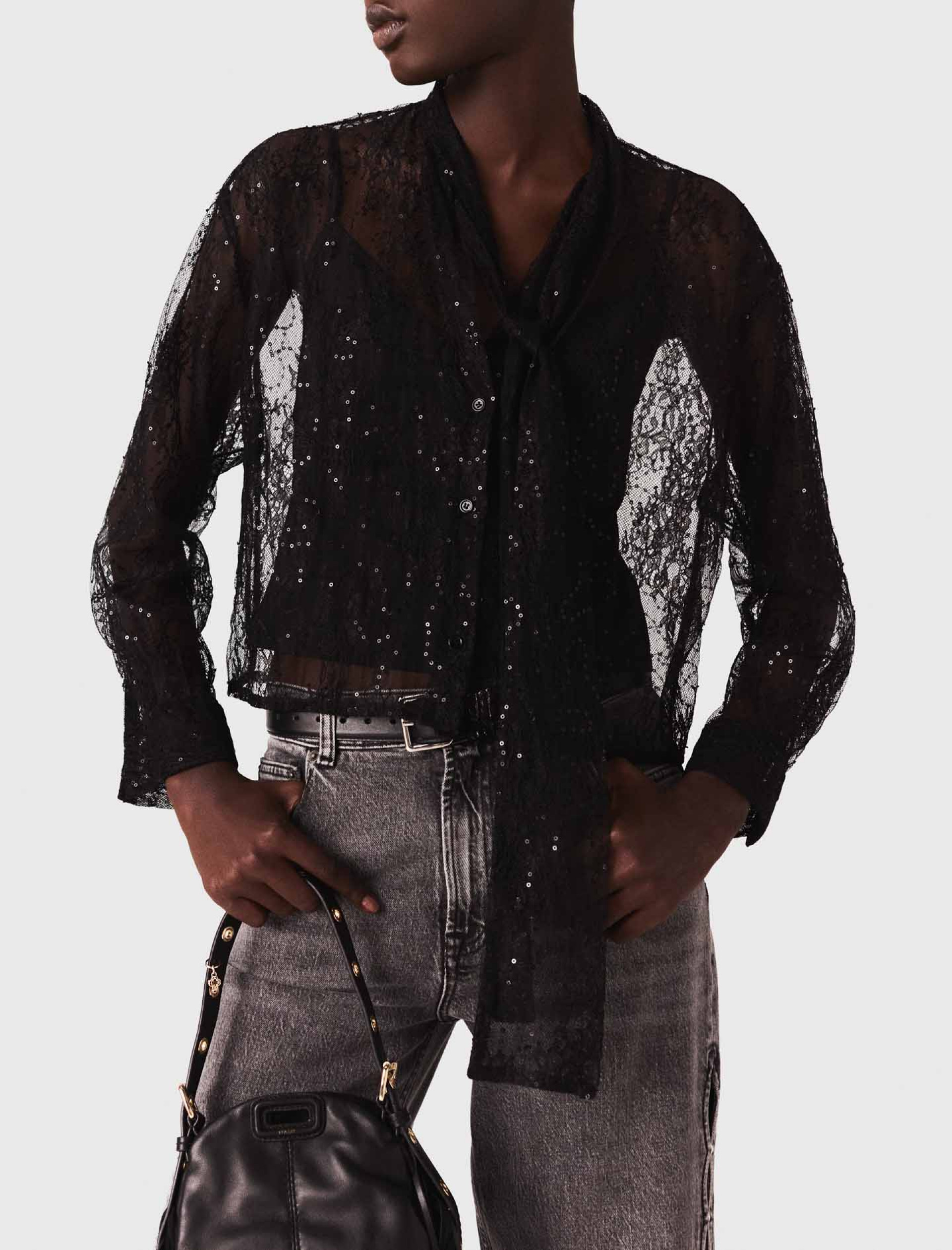 Женская кружевная блуза с бантом