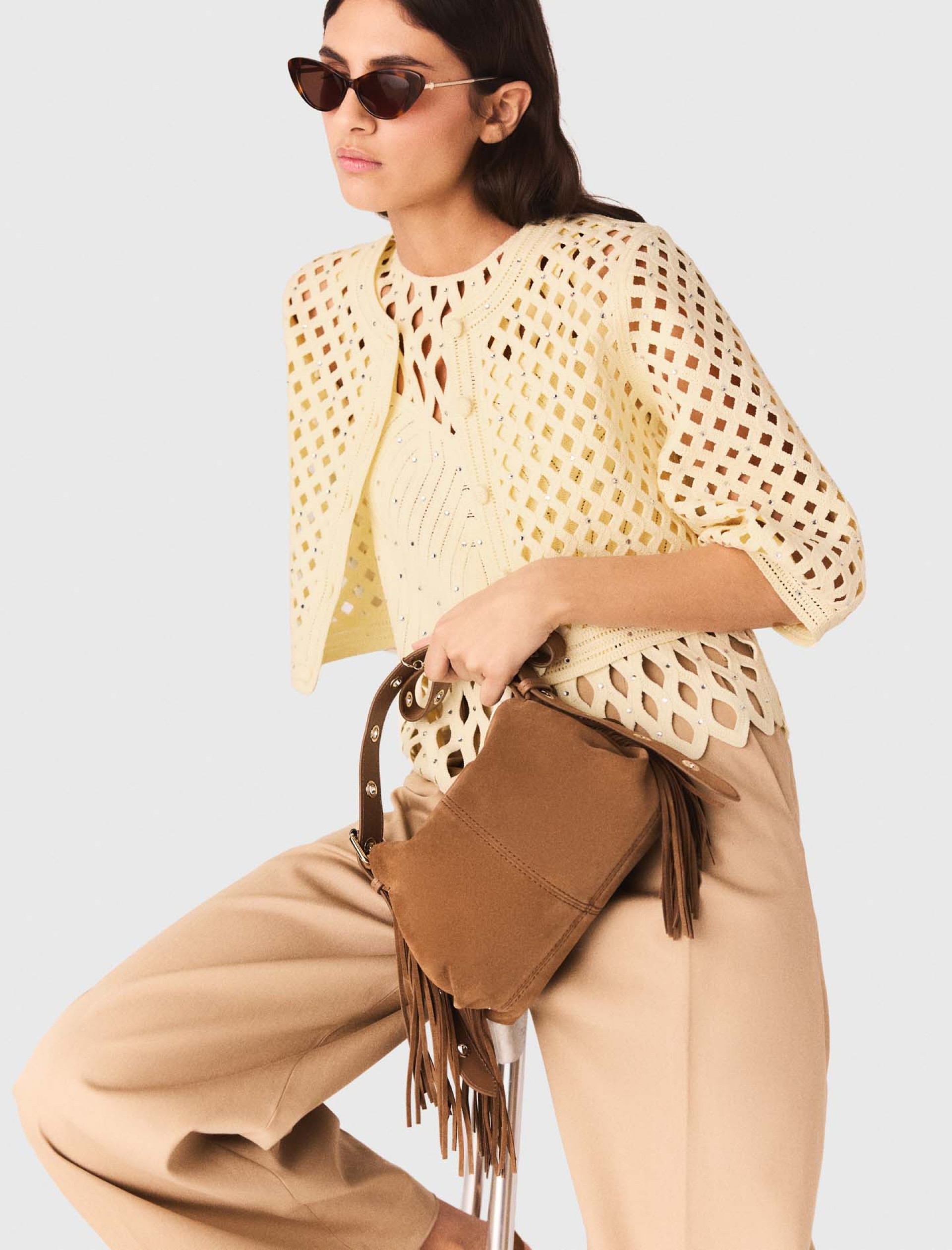 Женский желтый в'язаный кардиган со стразами