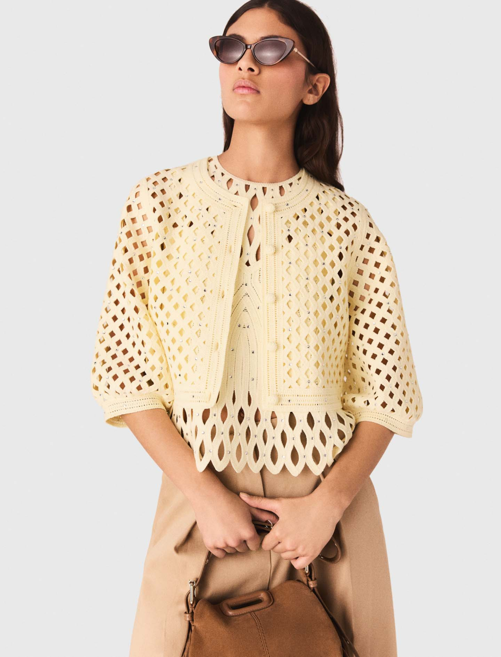 Женский желтый в'язаный кардиган со стразами