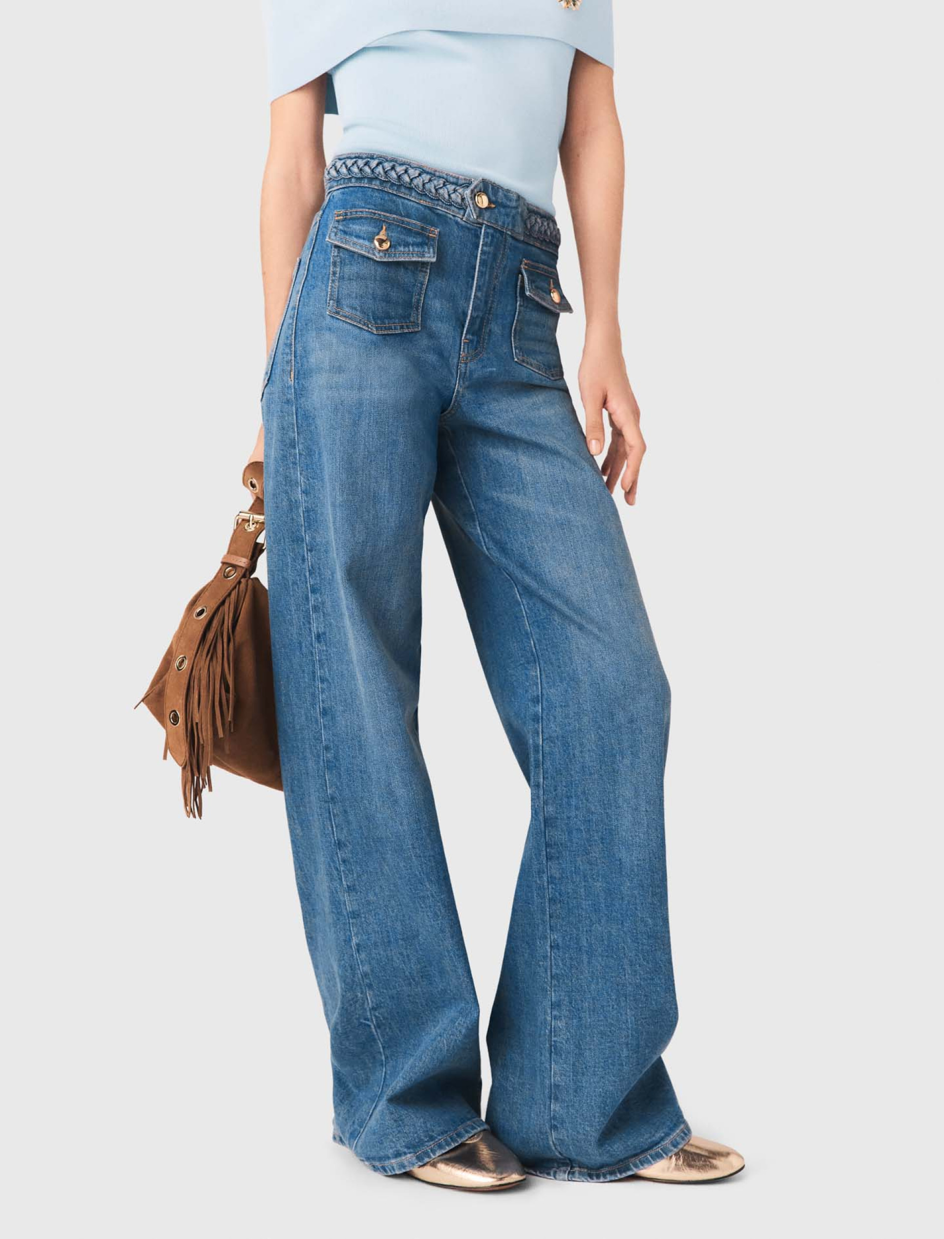 Женские широкие джинсы с плетеной отделкой