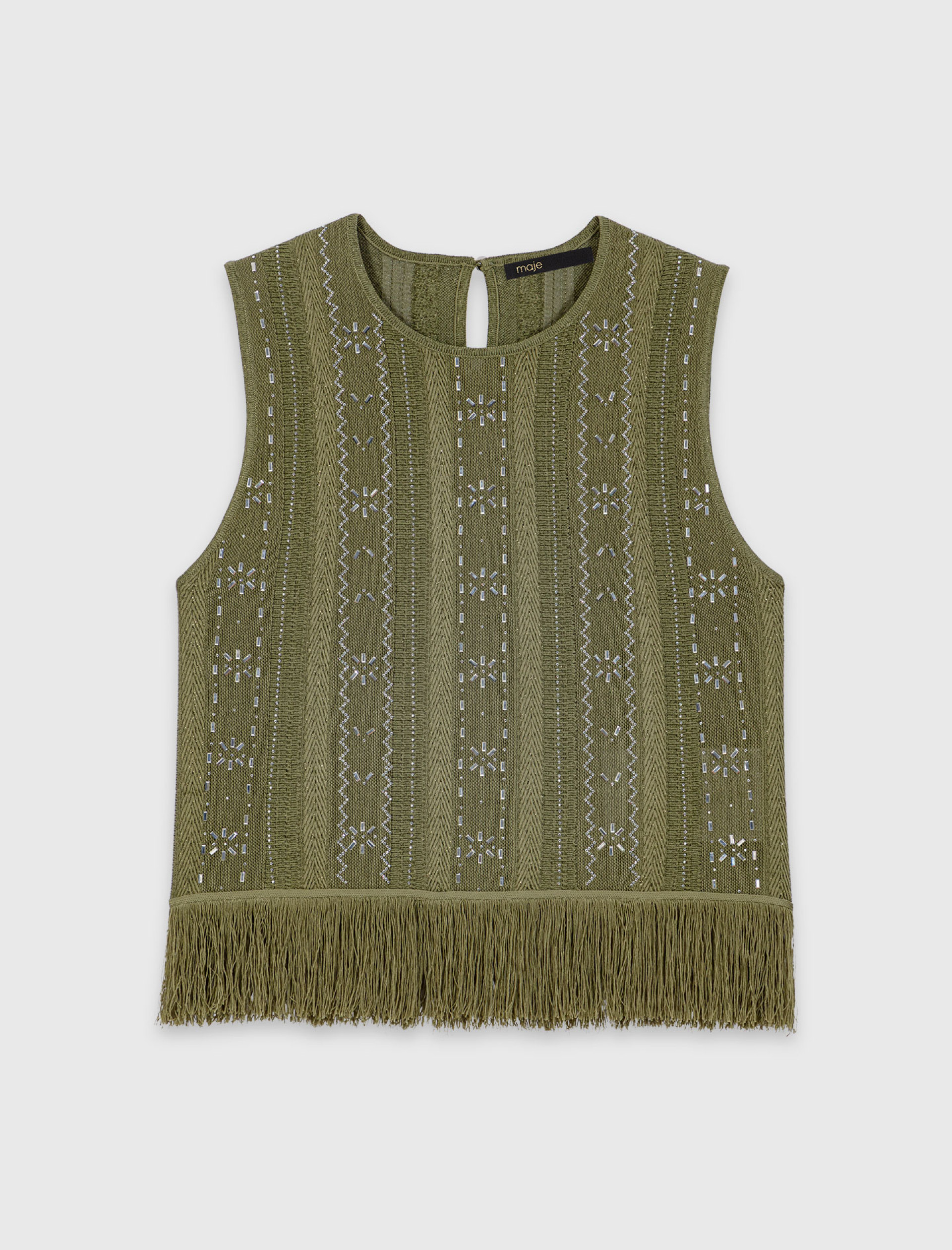 Женский топ со стразами и бахромой