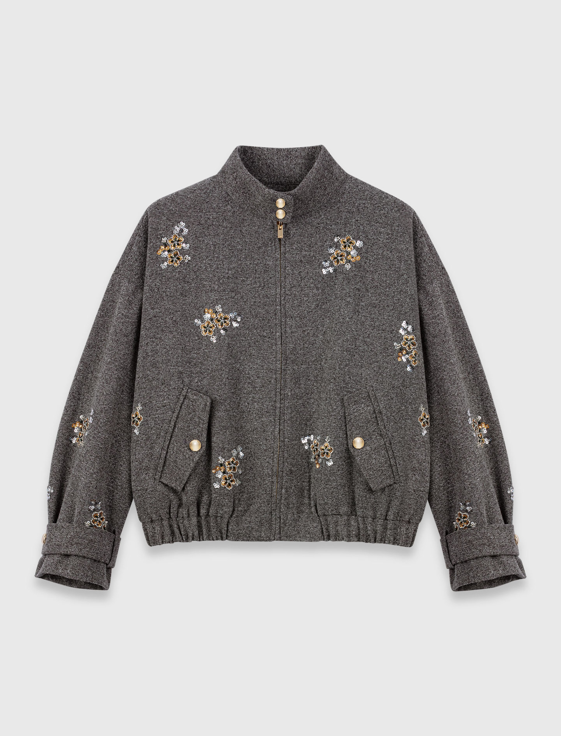 Женская серая куртка-бомбер с вышивкой