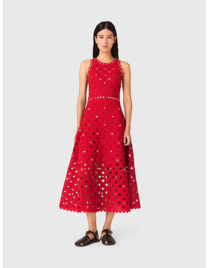 Жіноча червона в'язана сукня із зеркальцями