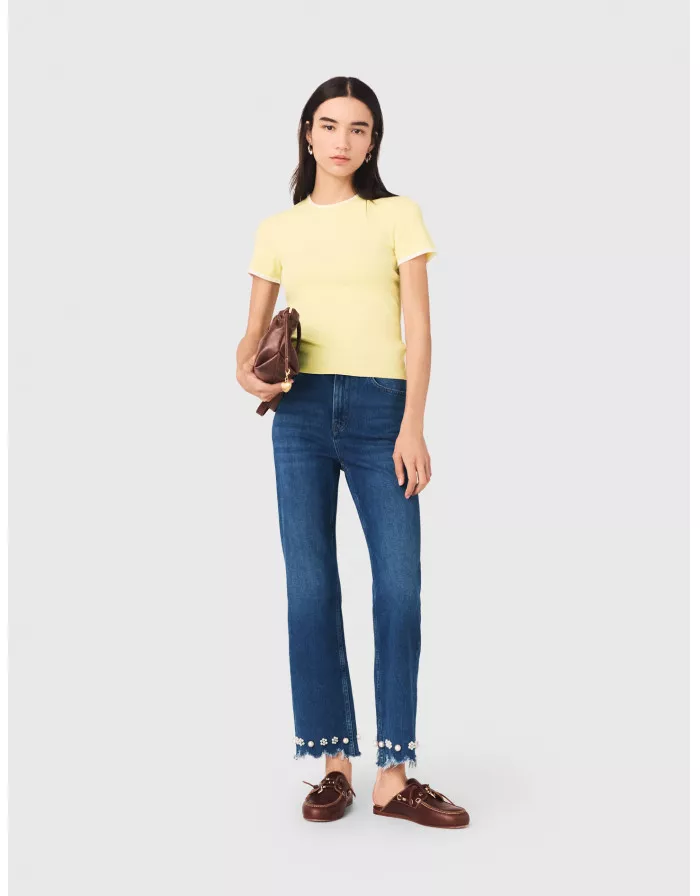 Жіночі джинси-кльош з квітковою вишивкою
